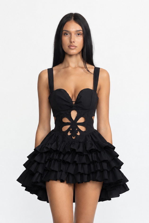 Embroidered Flower Cutout Ruffle Mini Dress - Black