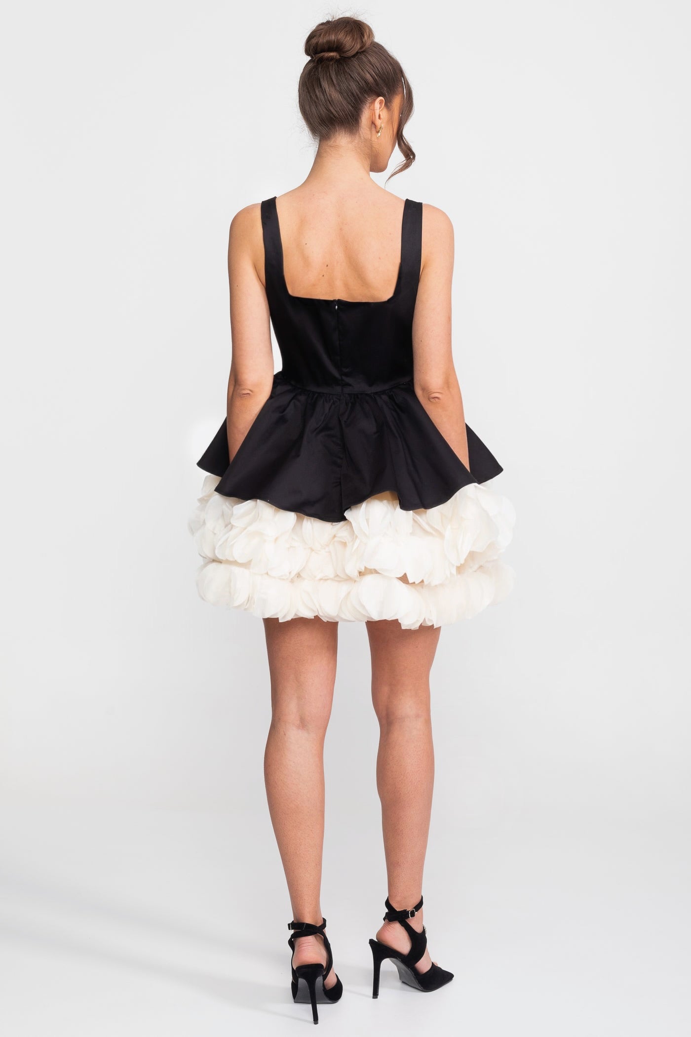 Strapless Mini Dress With Square Neckline And Ruffled Skirt Underlay - Black