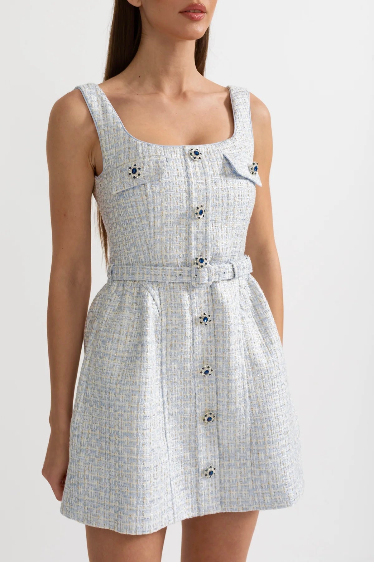 Textured Mini Dress With Fitted Bodice And Contrasting Buttons - Light Blue