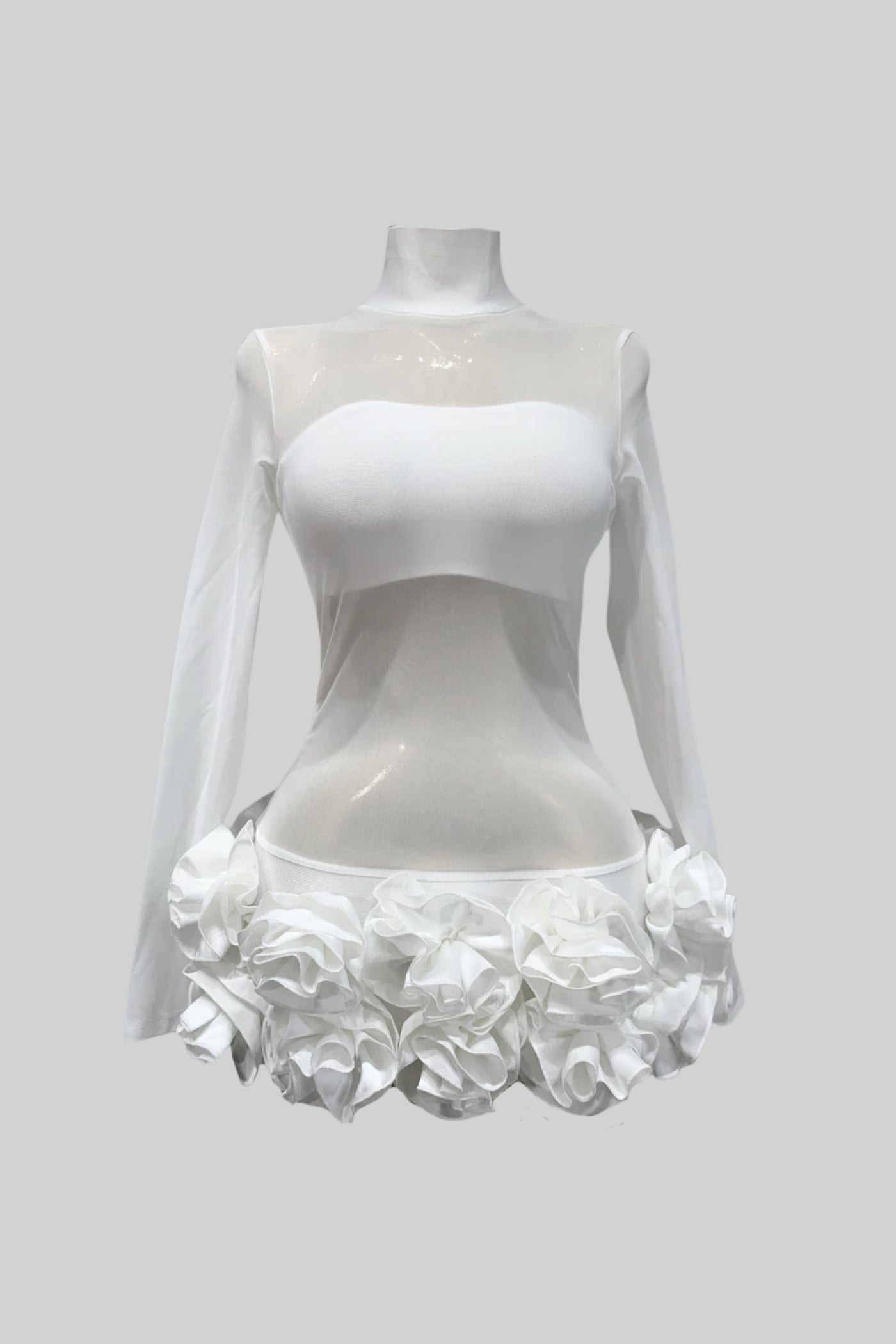 Sheer Floral Mini Dress With 3D Rosettes Hemline – White