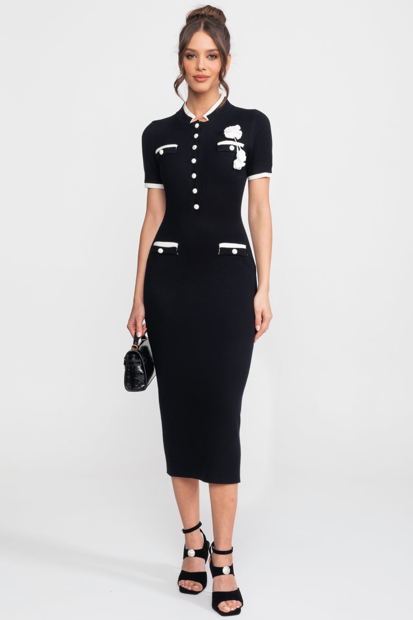Ribbed Knit Midi Dress With Contrast Trim And Decorative Pockets - Black