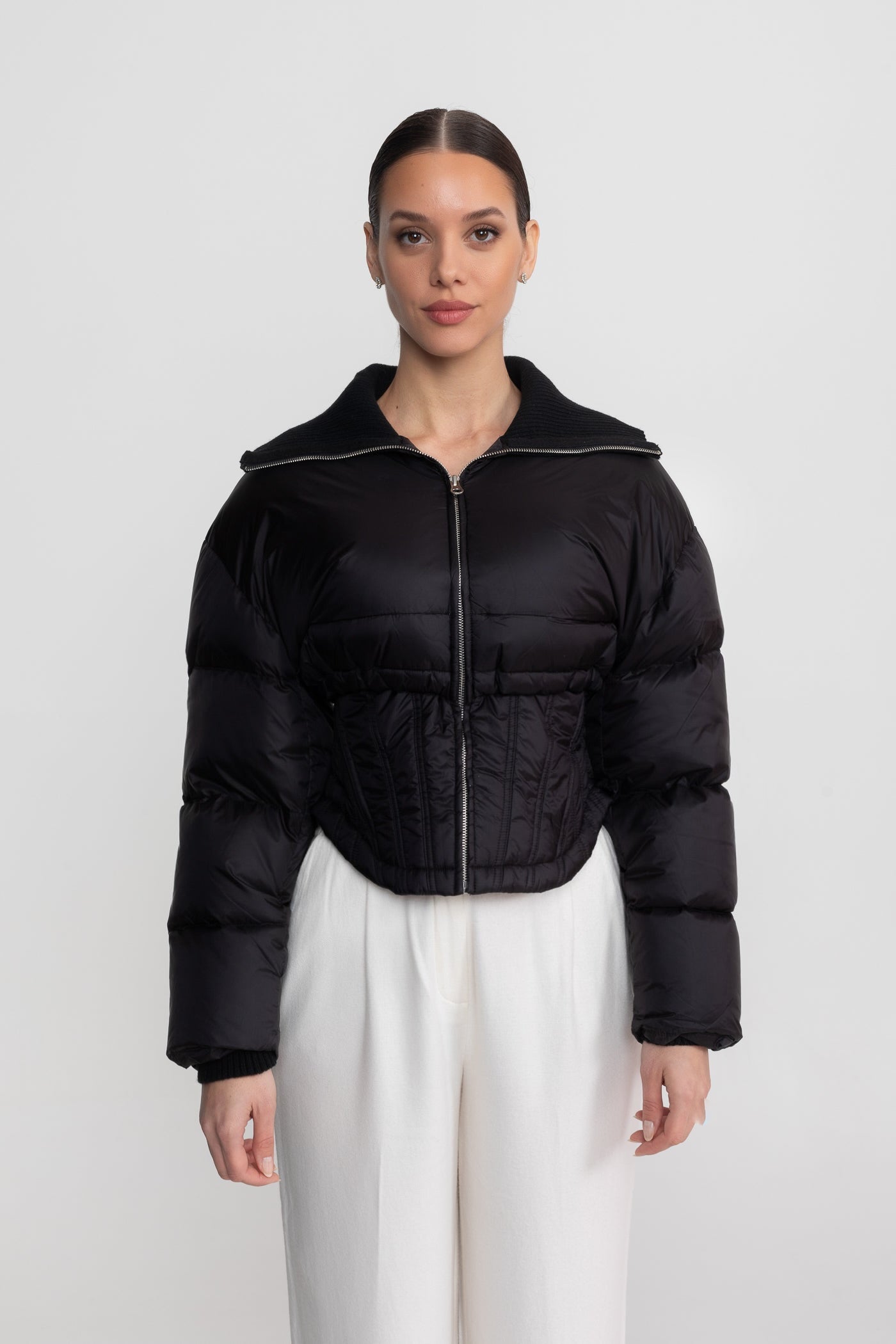 Cropped Puffer Jacket With Corset Waist Detailing - Black