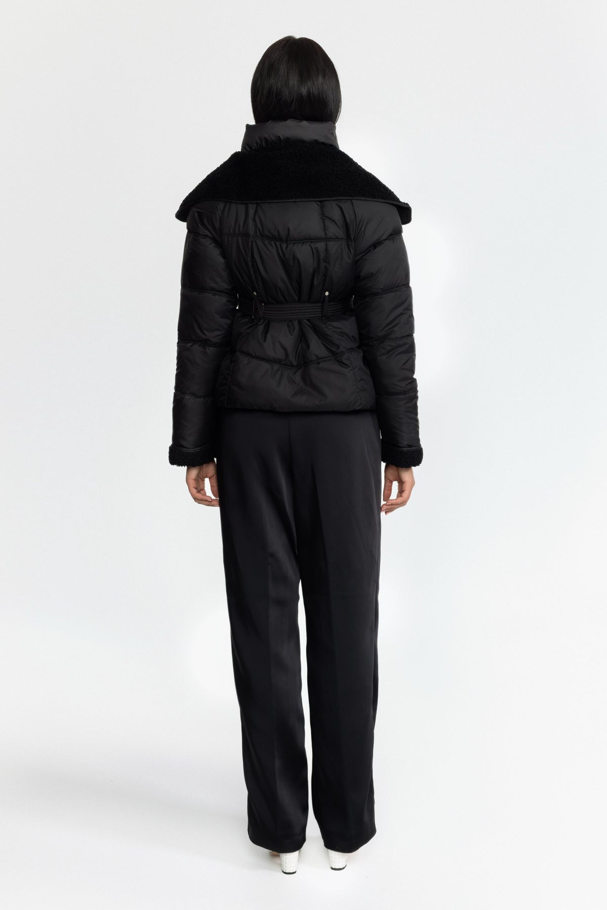 Belted Puffer Jacket with Teddy Collar - Black