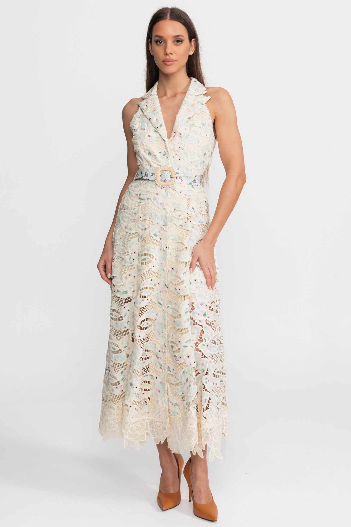 Abito Midi in Pizzo con Scollo Halter e Vita Cinturata – Ivoire