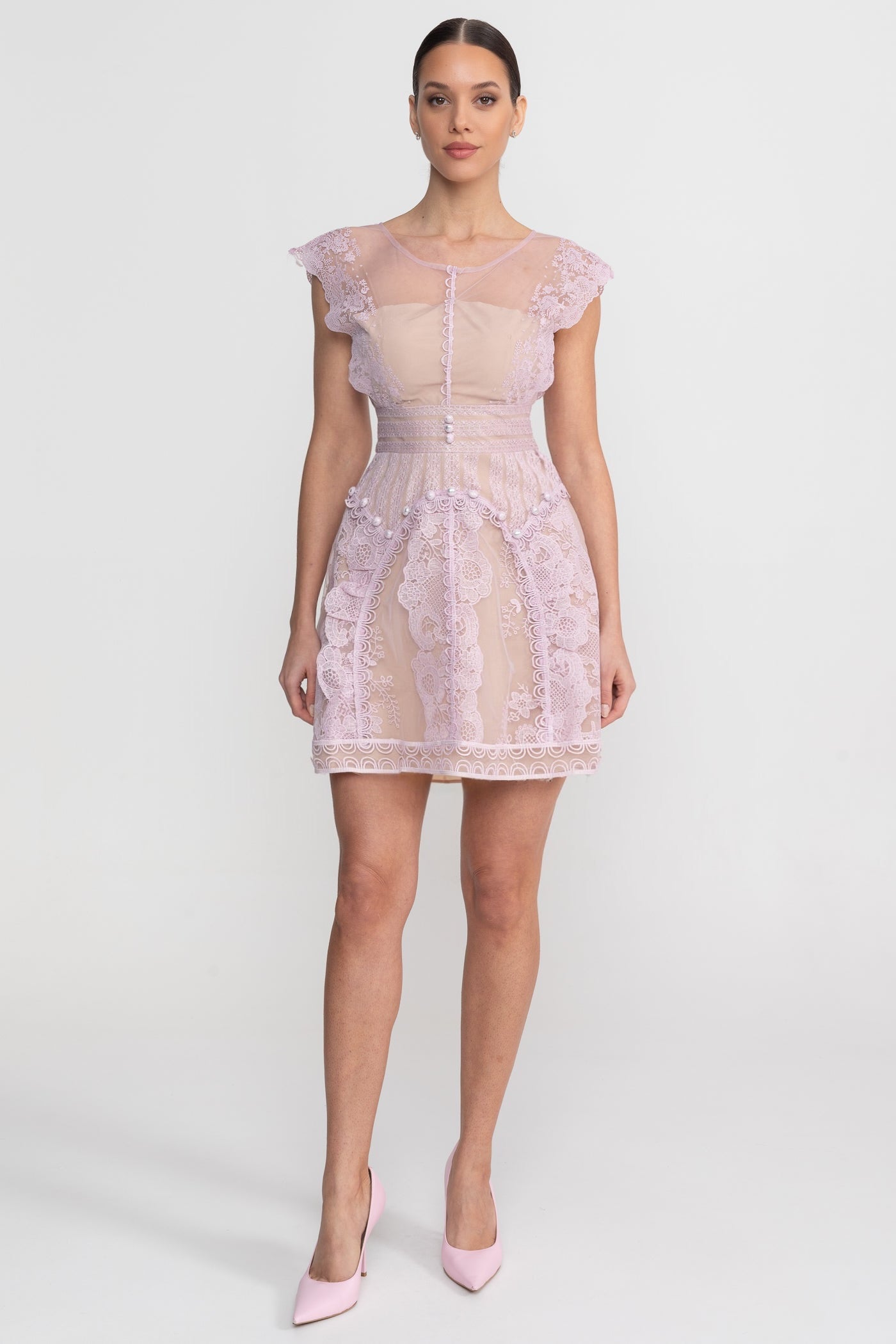Cap Sleeve Mini Dress With Sheer Yoke And Pearl Button Detail - Lilac