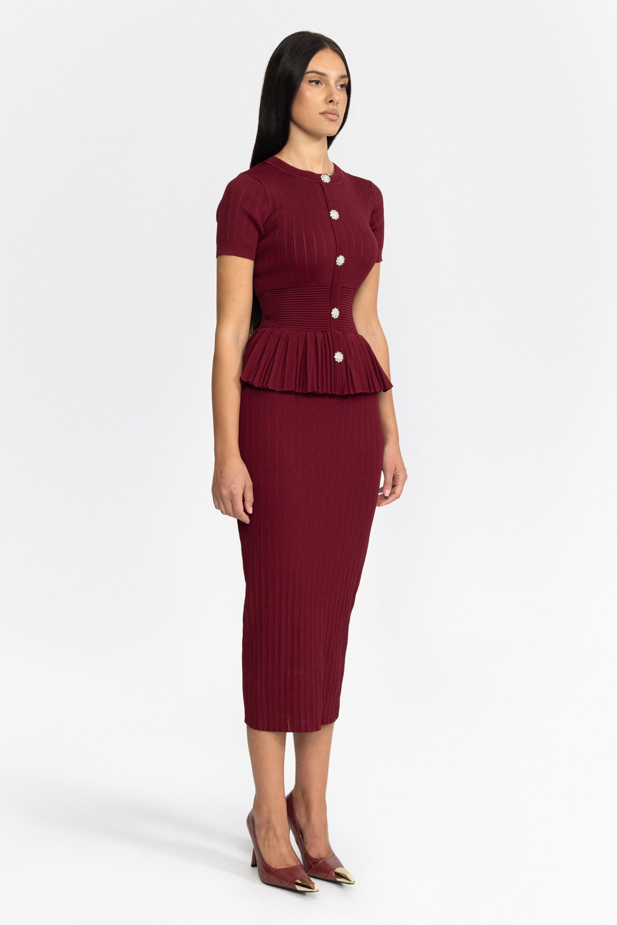 Pleated Peplum Knit Pencil Midi Dress - Wine