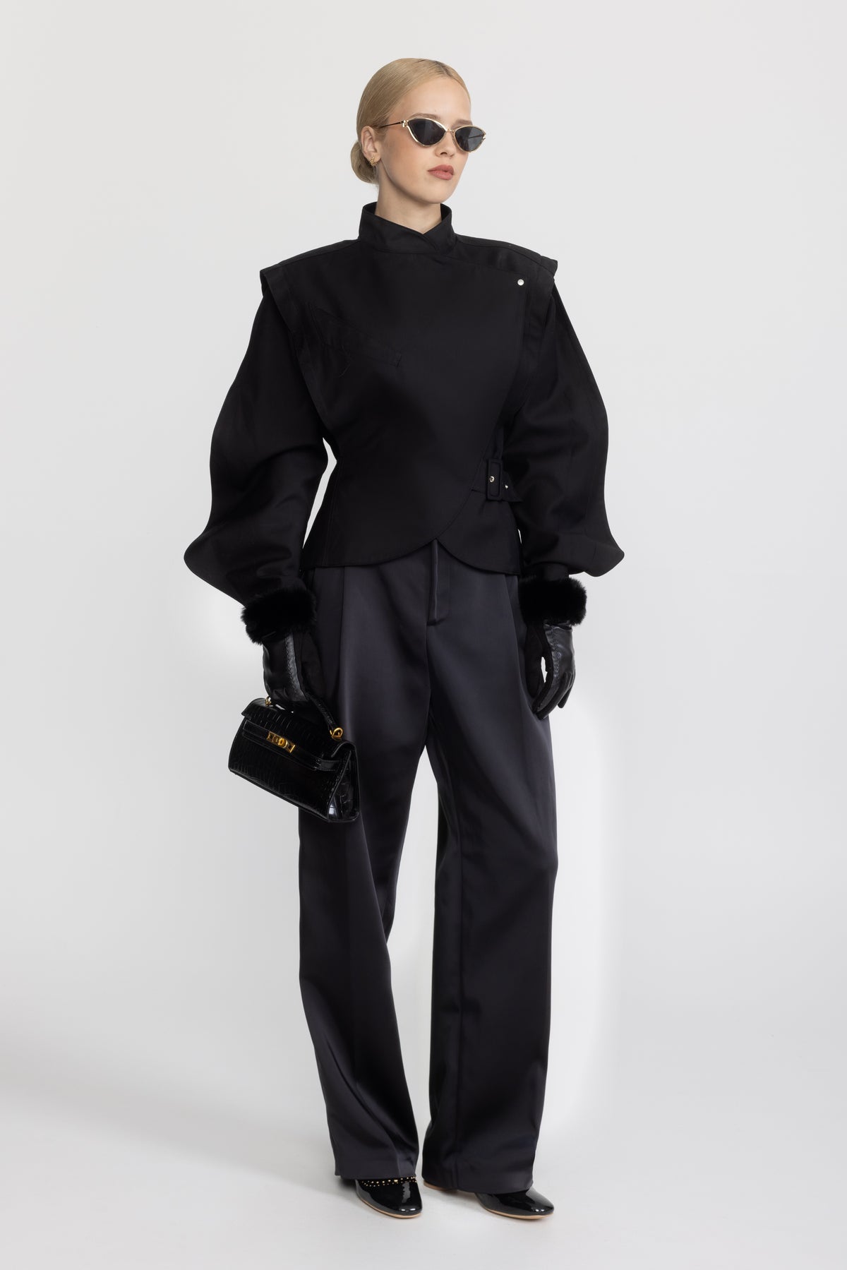Structured Balloon Sleeve Wrap Jacket - Black