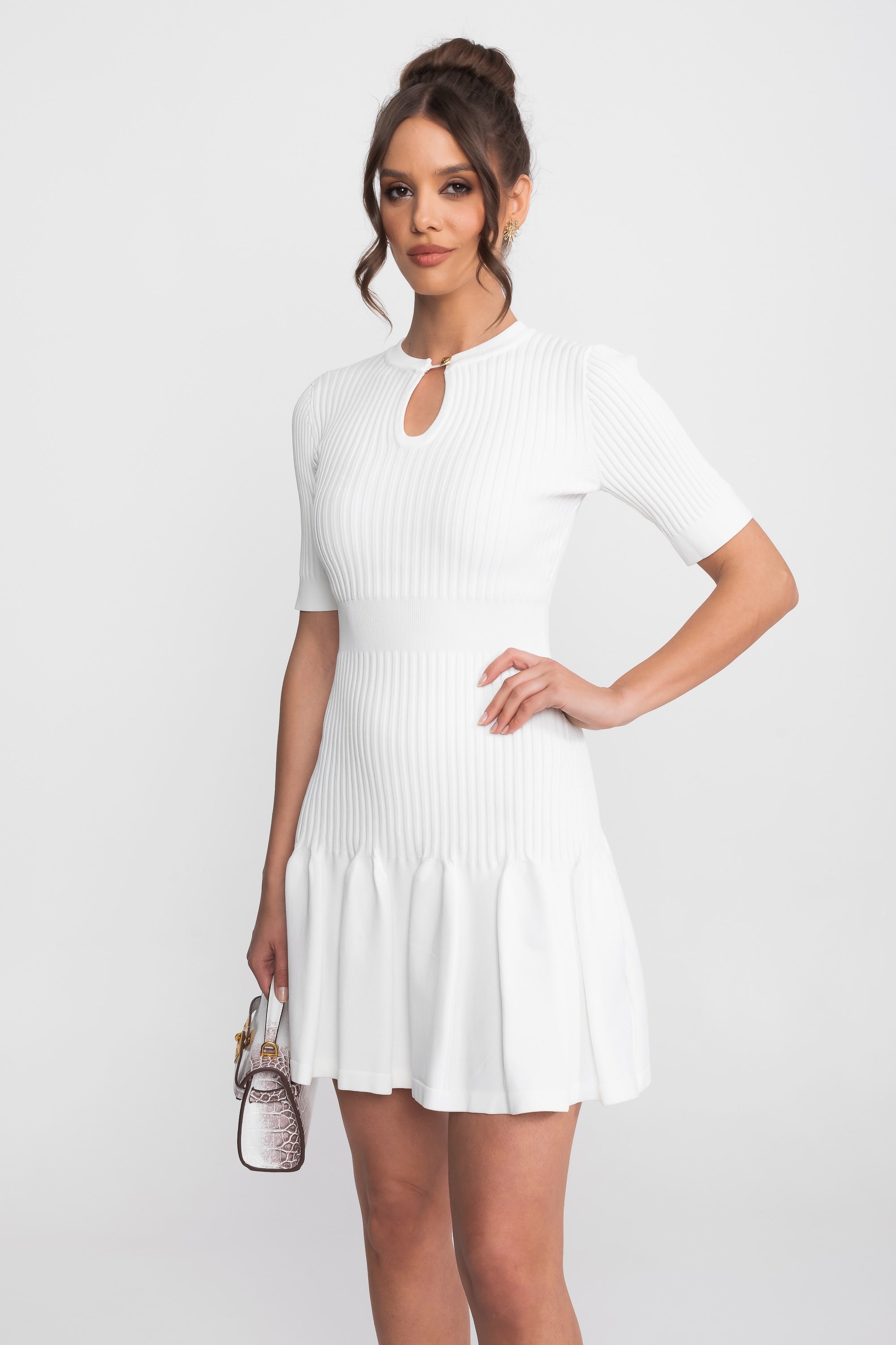 Ribbed Knit Mini Dress With Gold Button Keyhole Neckline - White