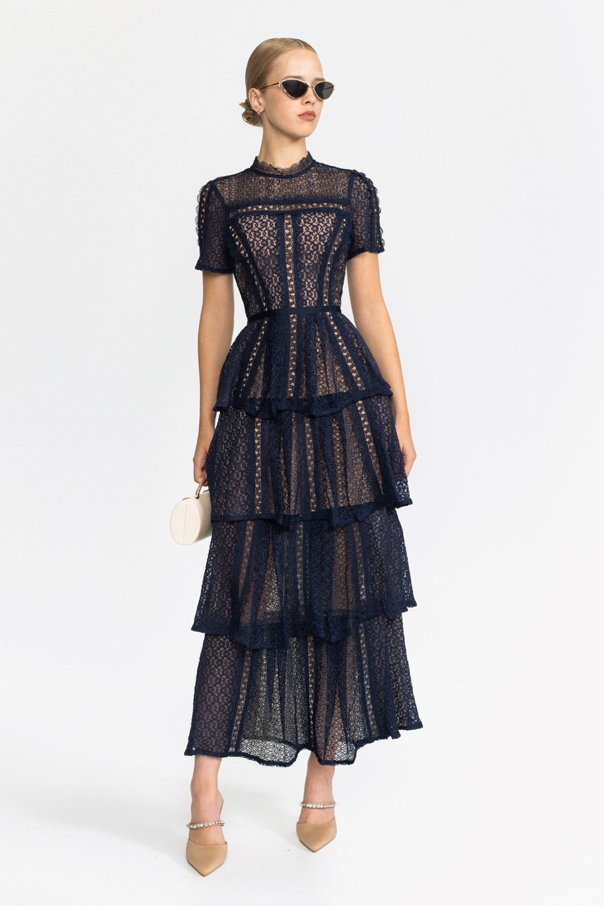 Abito midi a balze in pizzo a pannelli - Navy