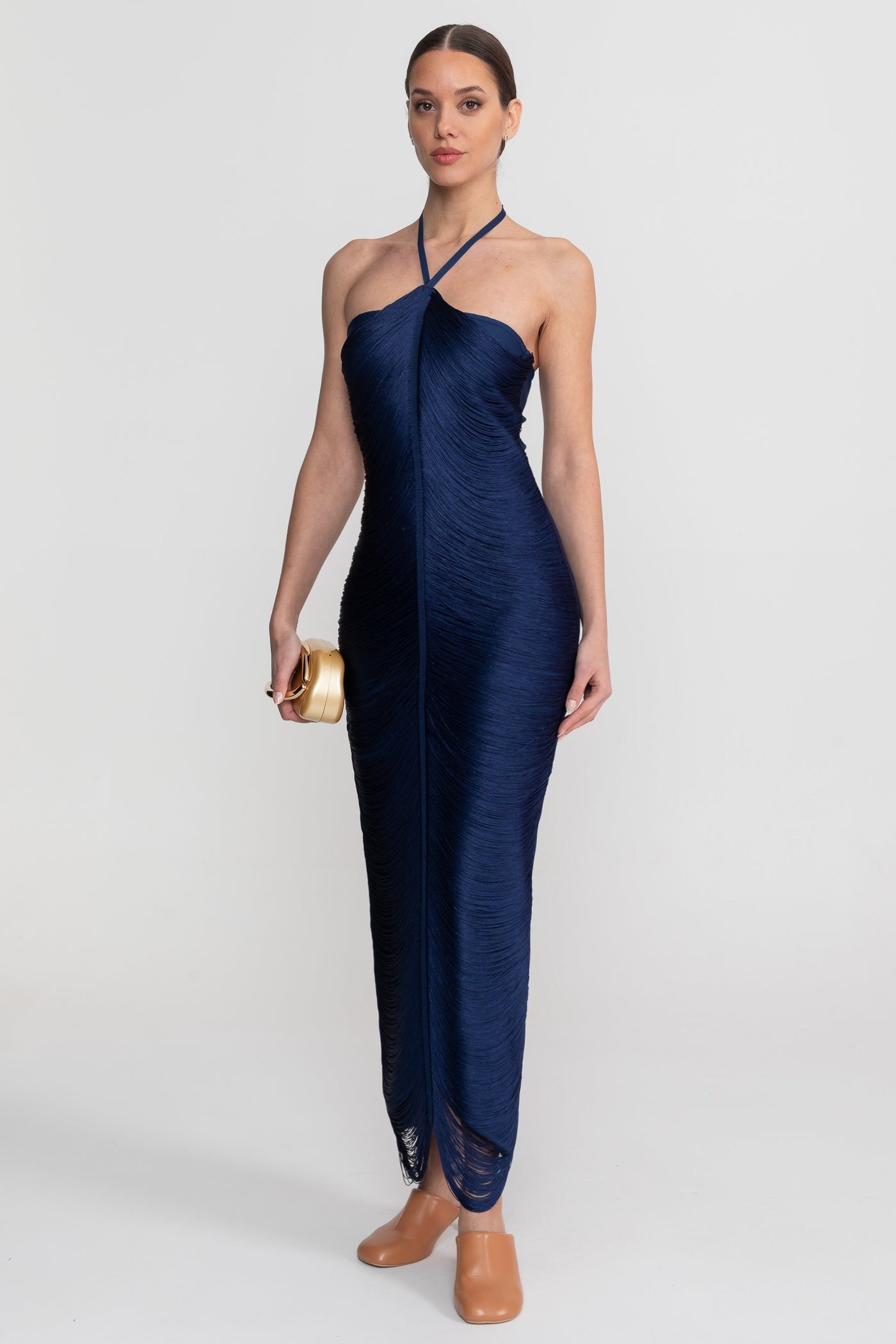 Halter Neck Midi Dress With All-Over Pleated Texture - Blue