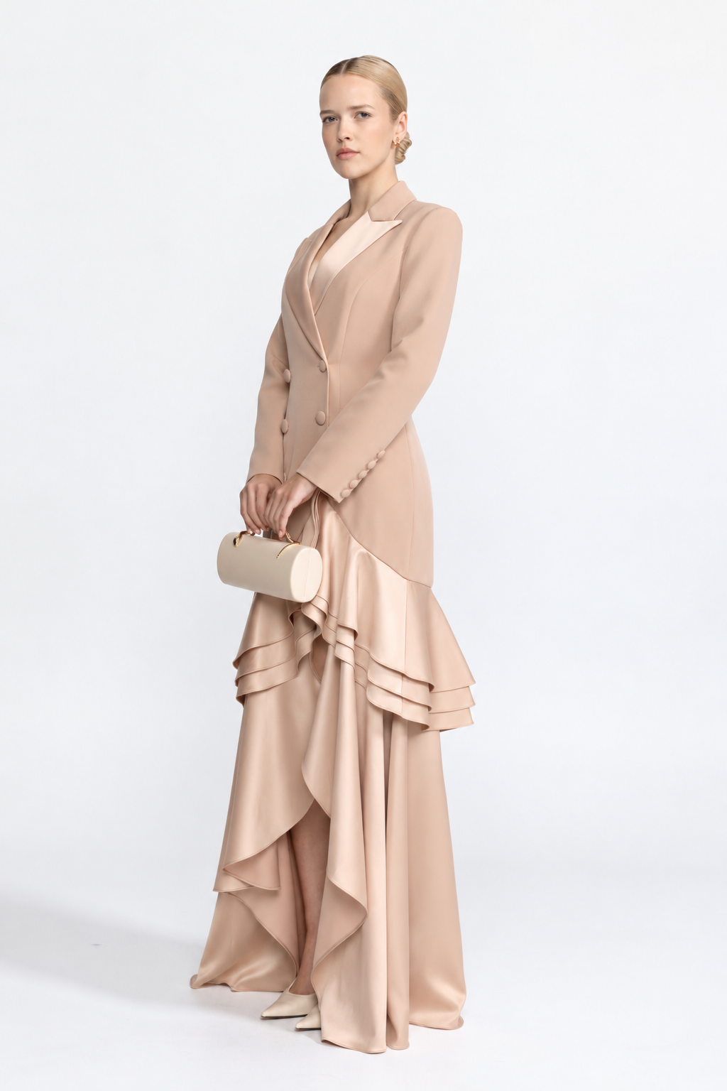 Satin Ruffle Hem Double-Breasted Blazer Maxi Dress - Beige