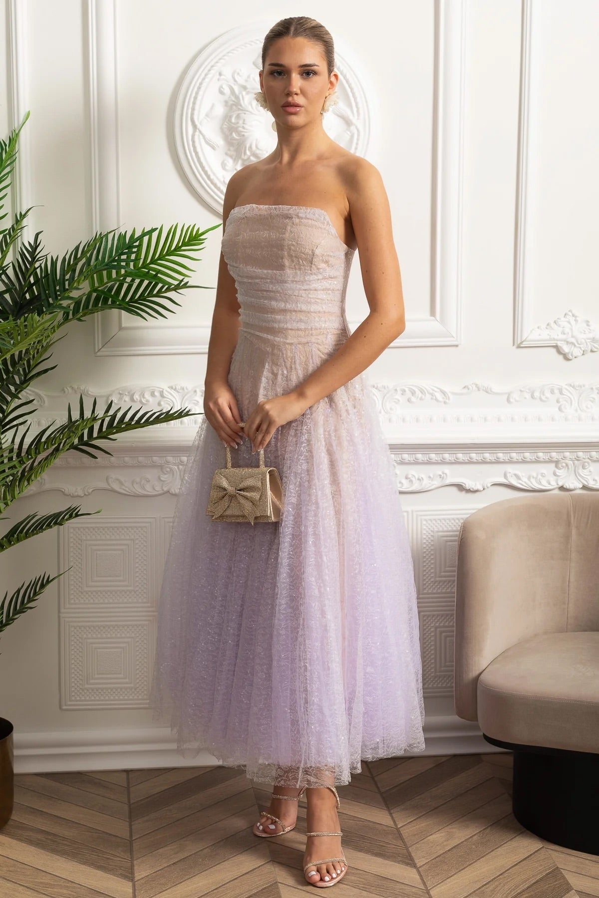 Strapless A-Line Midi Dress With Shimmery Textured Overlay - Lilac Gradient