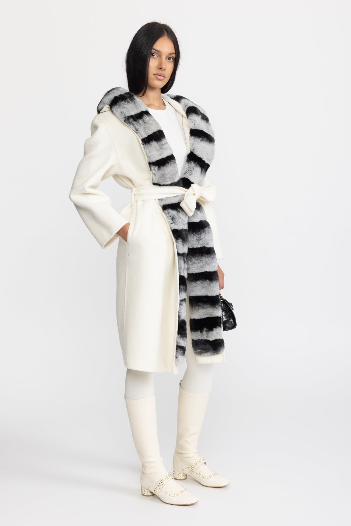 Rex Rabbit Fur Trim Hooded Wool Wrap Coat - Ivoire
