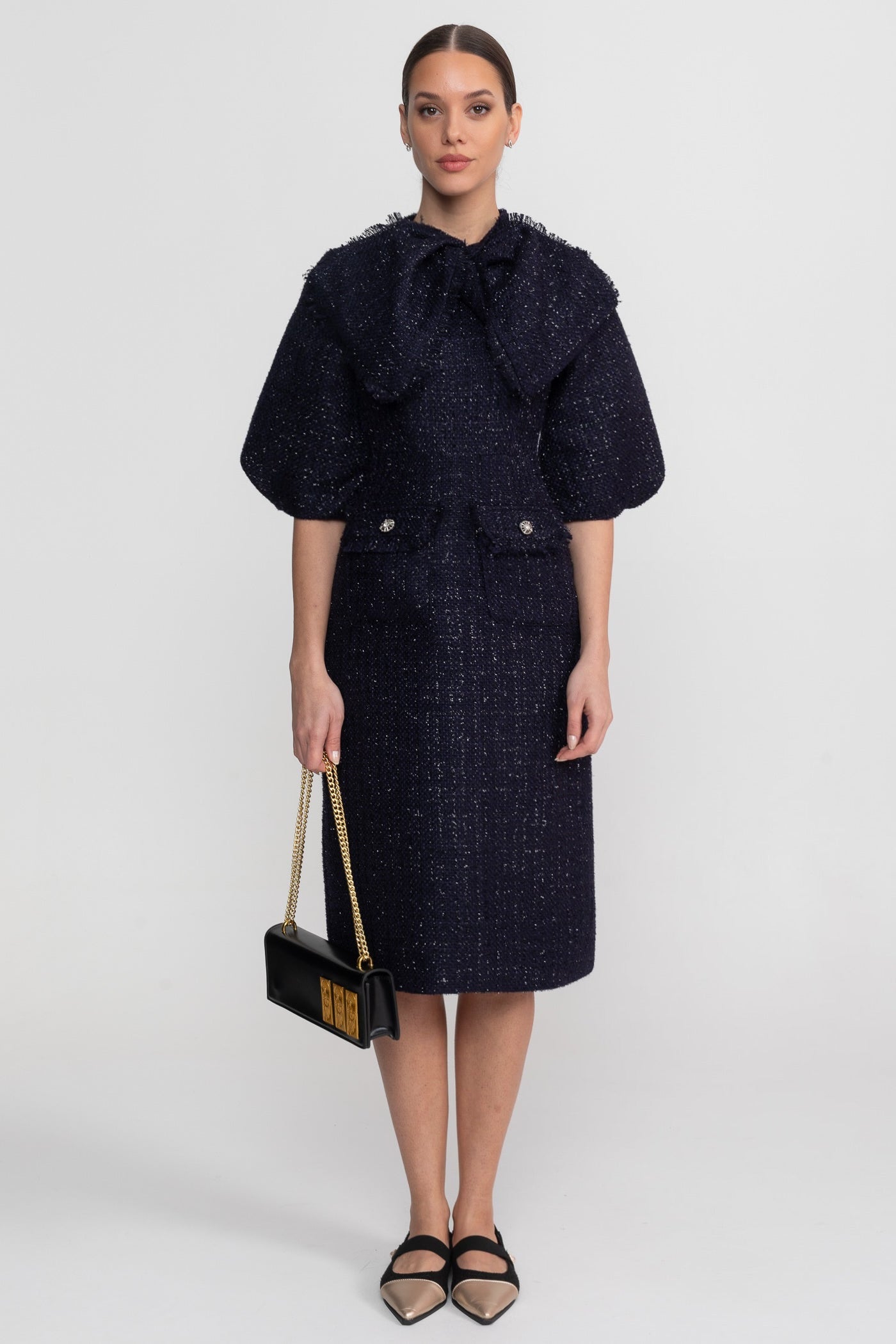 Abito Midi in Tweed con Dettaglio Fiocco Oversize al Collo - Navy