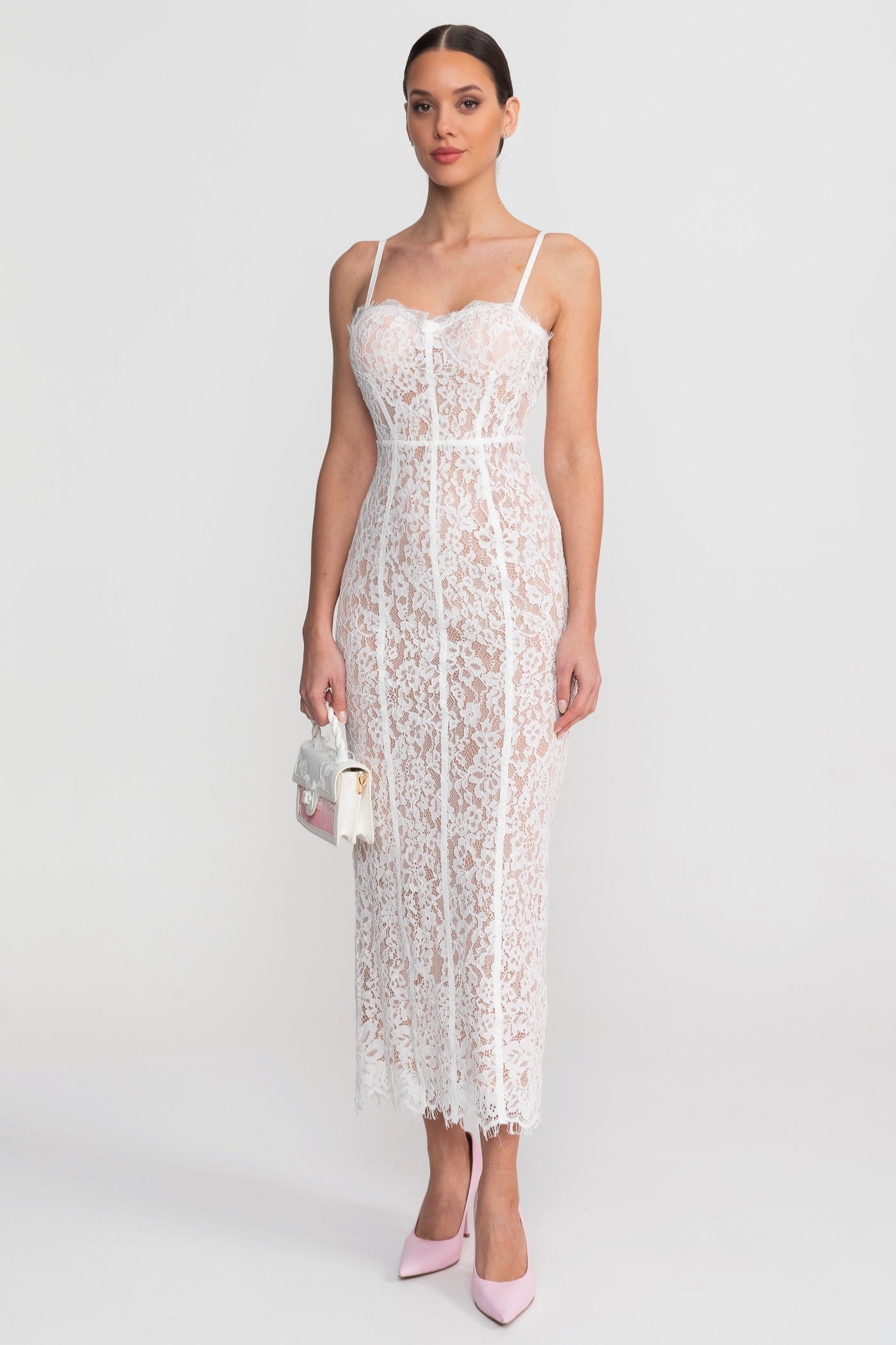 Abito Midi in Pizzo con Corsetto Trasparente - Bianco