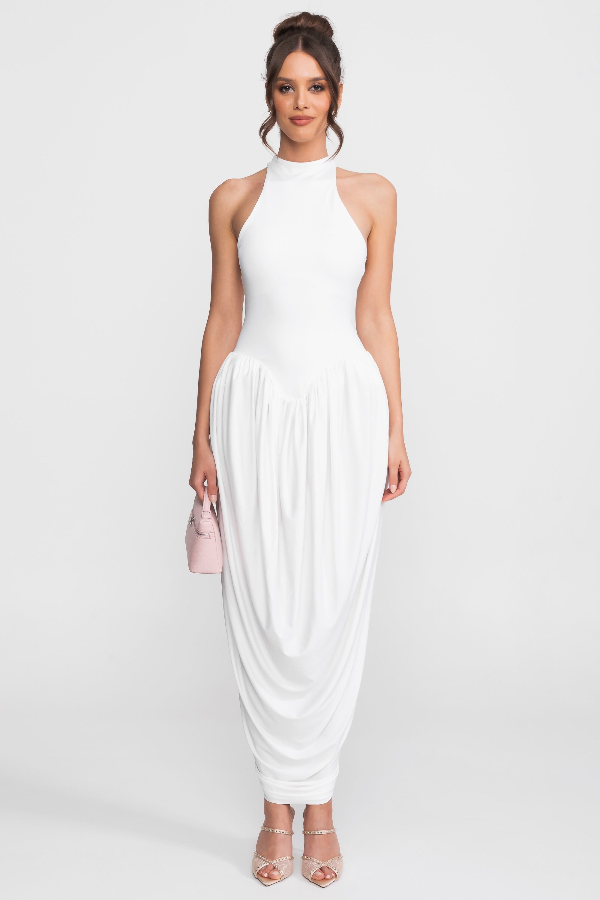 Abito Maxi con Halter-Neck e Gonna a Palloncino Drappeggiata - Bianco