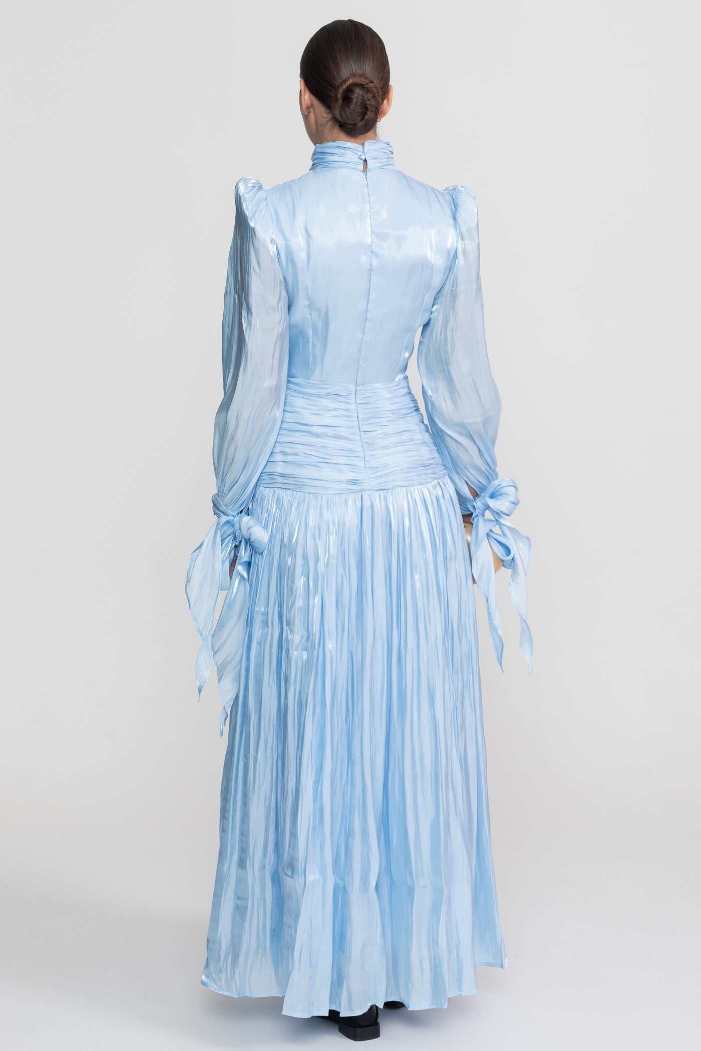 Ruched Long Sleeve Maxi Dress With Pleated Skirt - Sky Blue