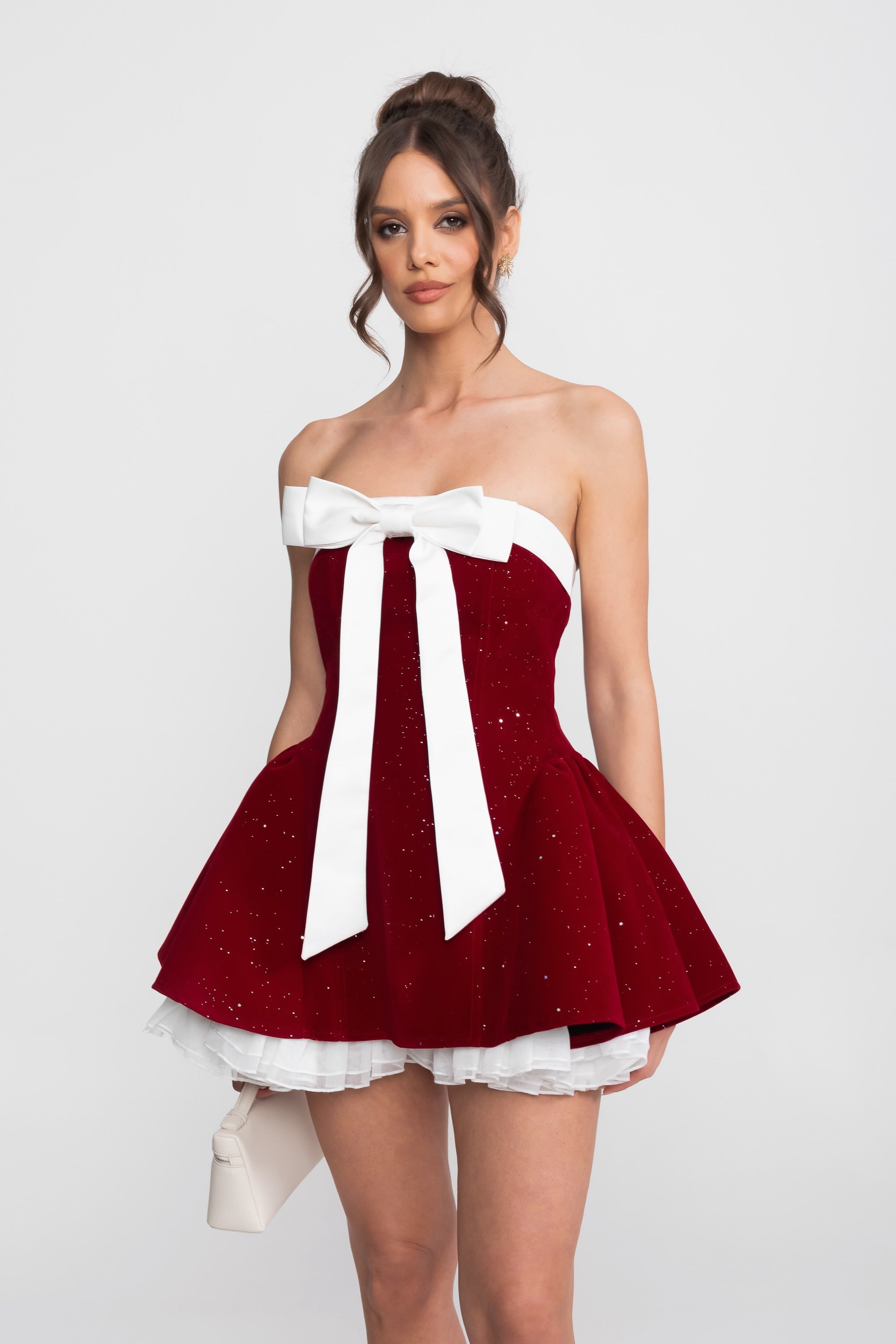 Strapless Velvet Mini Dress With Satin Bow And Ruffle Hem - Red