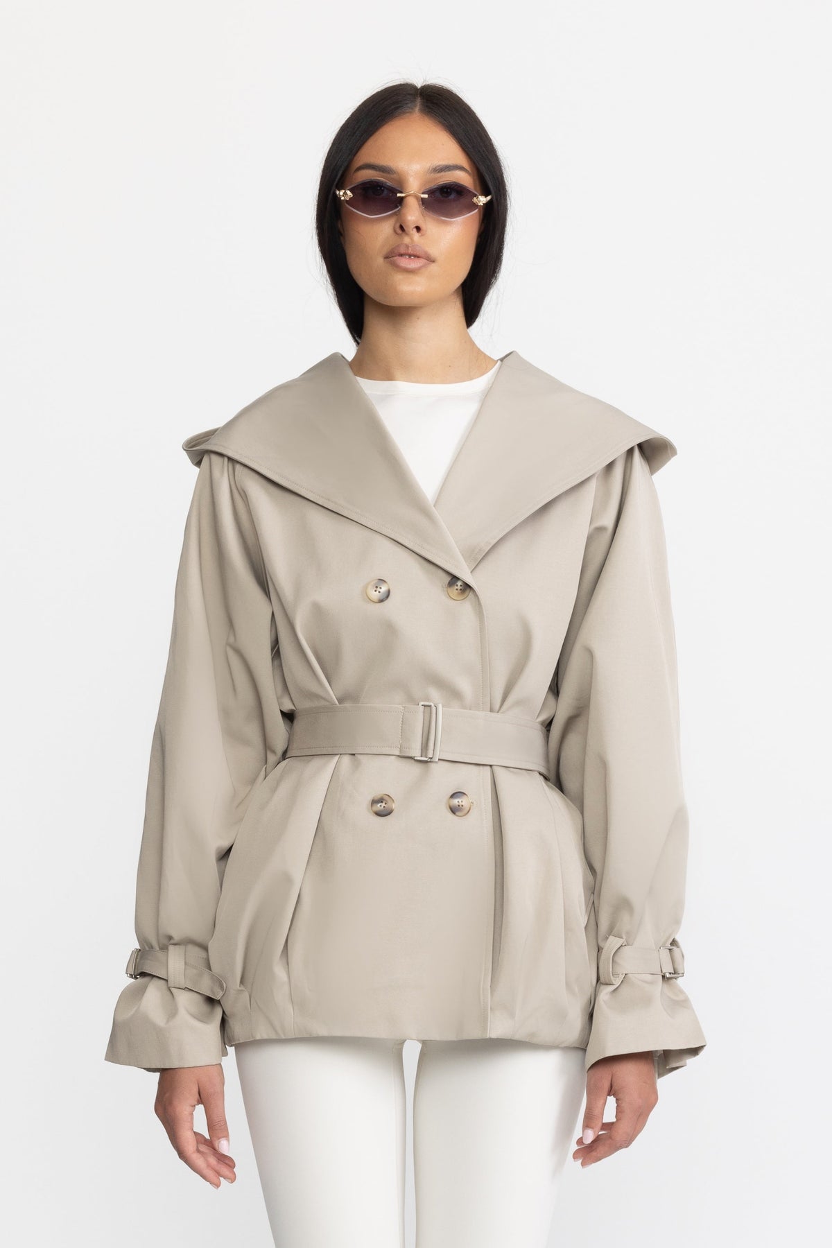 Trench jacket doppiopetto con cappuccio e cintura - Stone