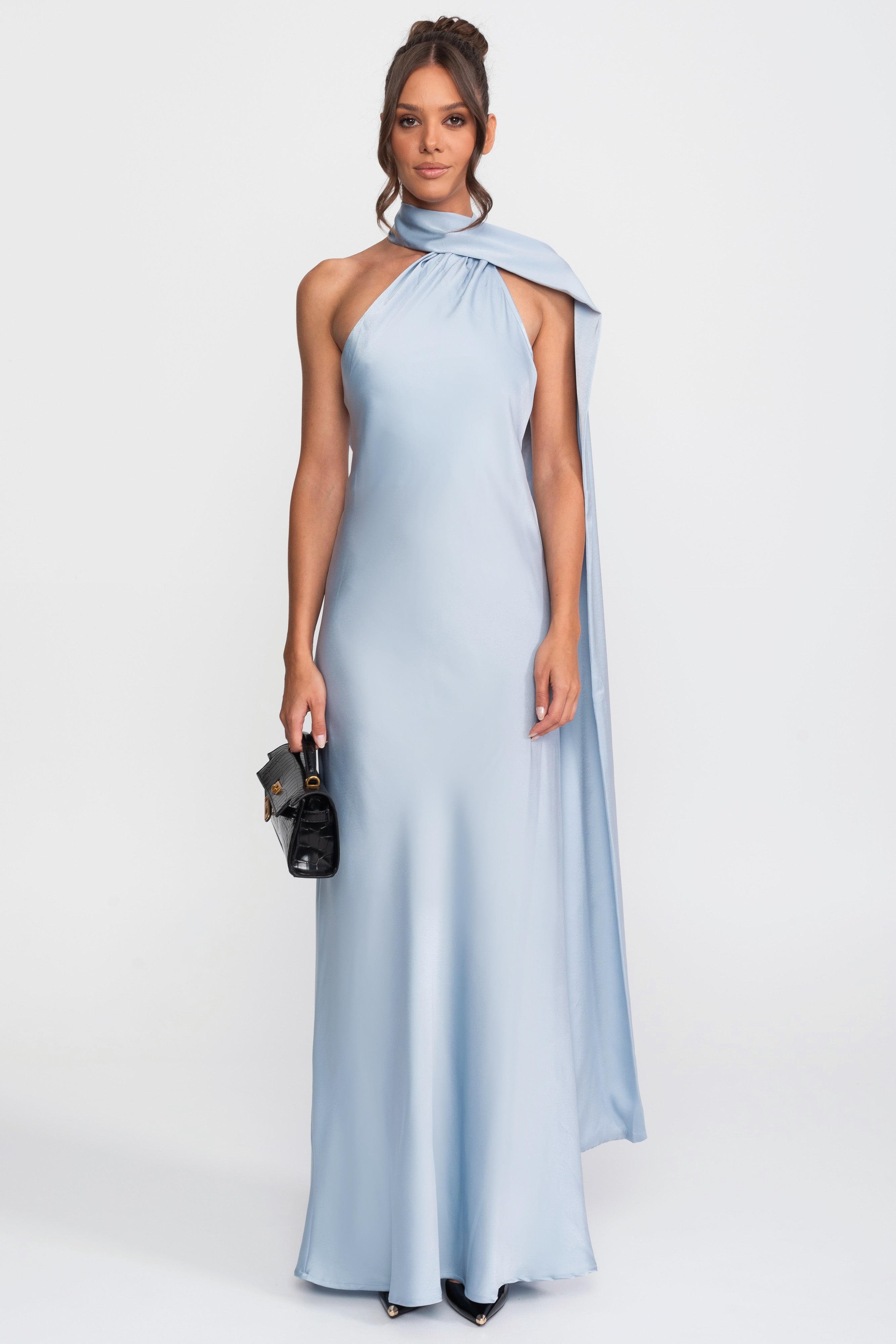 Twist Halter Satin Slip Dress con scollo asimmetrico - Blu