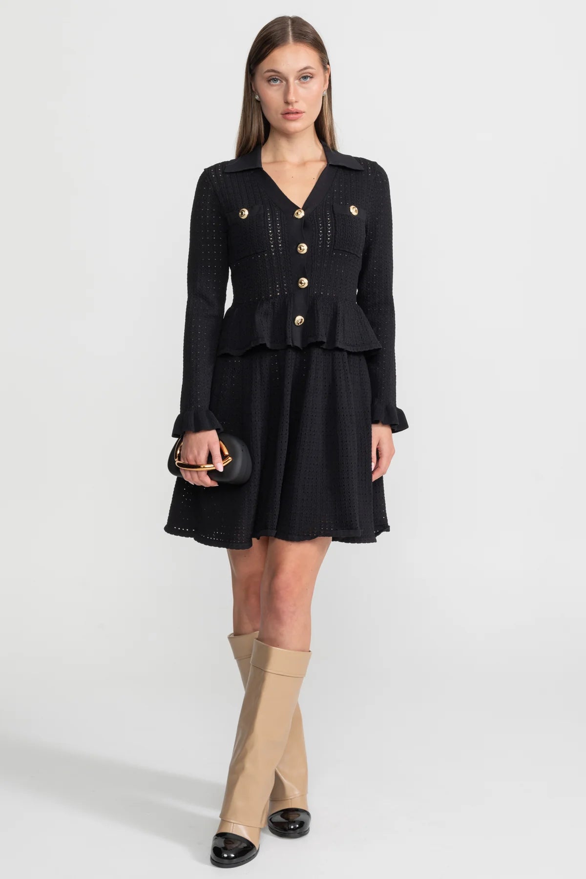 Knit Mini Dress with Peplum Waist and Gold Button Detail - Black