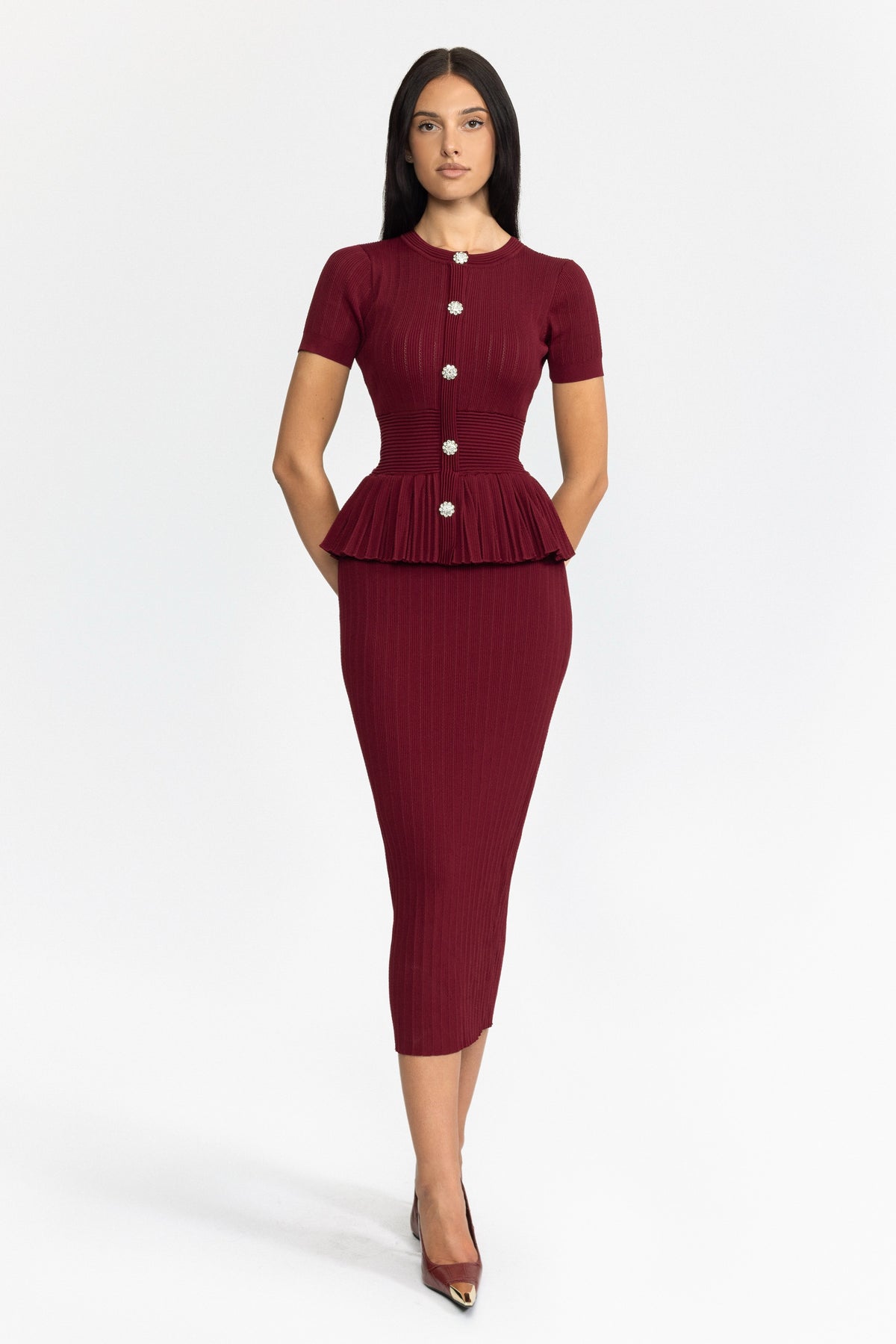 Abito midi a tubino in maglia con peplo plissettato - Wine