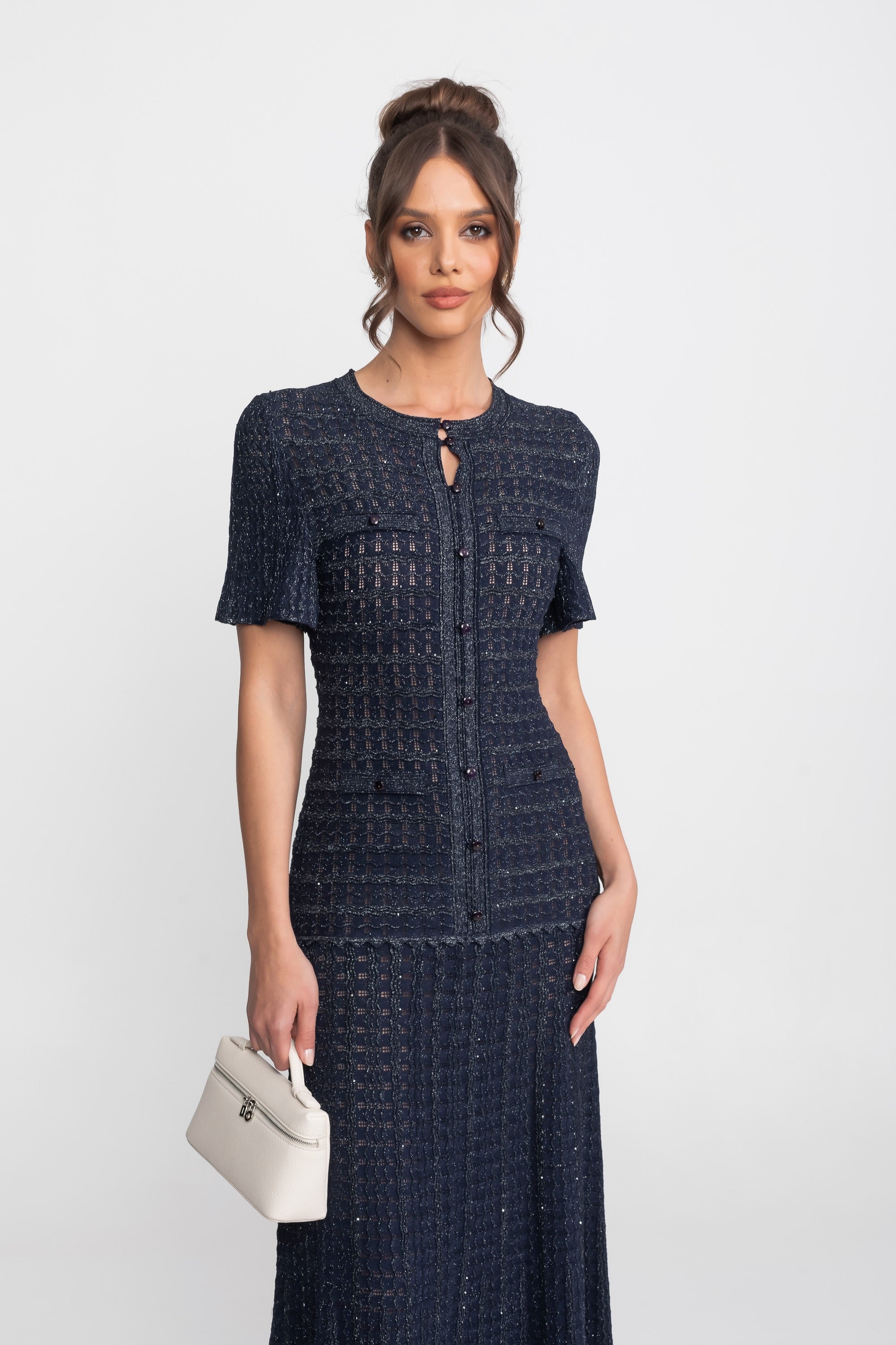 Abito midi a maniche corte con tessuto a maglia scintillante - Navy