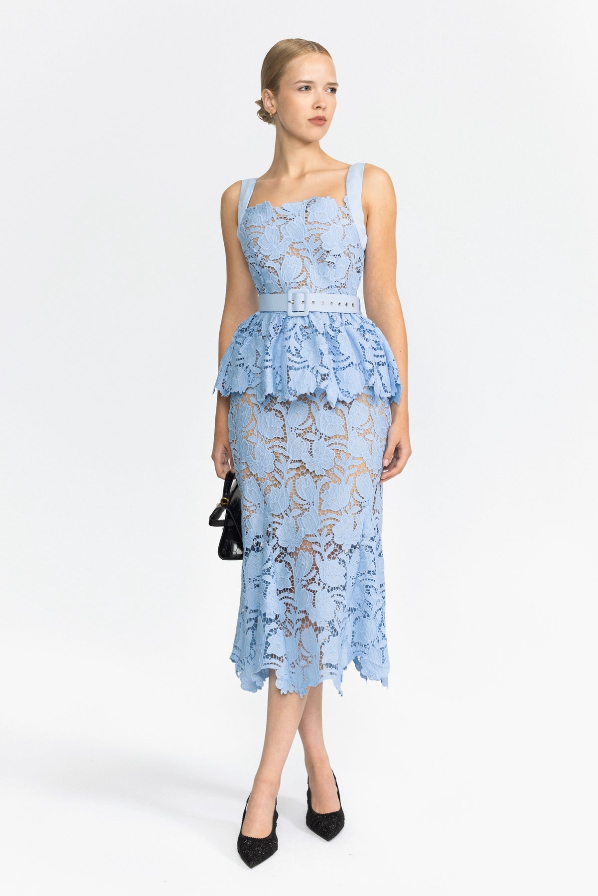 Completo con top peplo e gonna midi in pizzo guipure - Azzurro chiaro