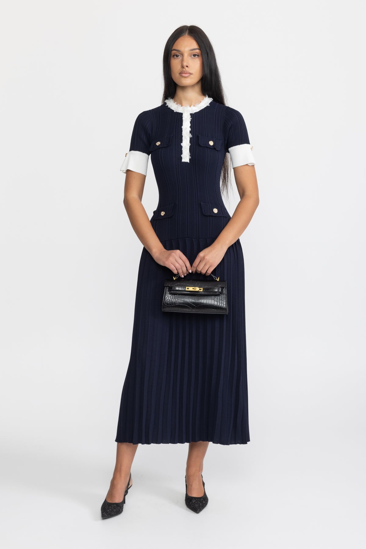 Abito midi in maglia plissettata con finitura a volant - blu navy