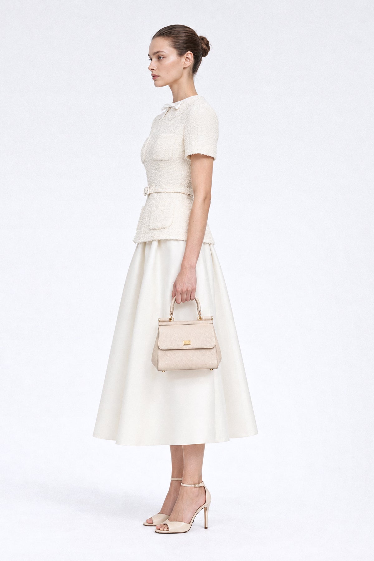 Abito Midi Peplum in Tweed con Colletto in Pizzo - Ivoire