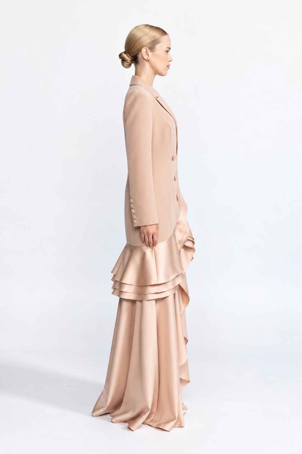 Satin Ruffle Hem Double-Breasted Blazer Maxi Dress - Beige