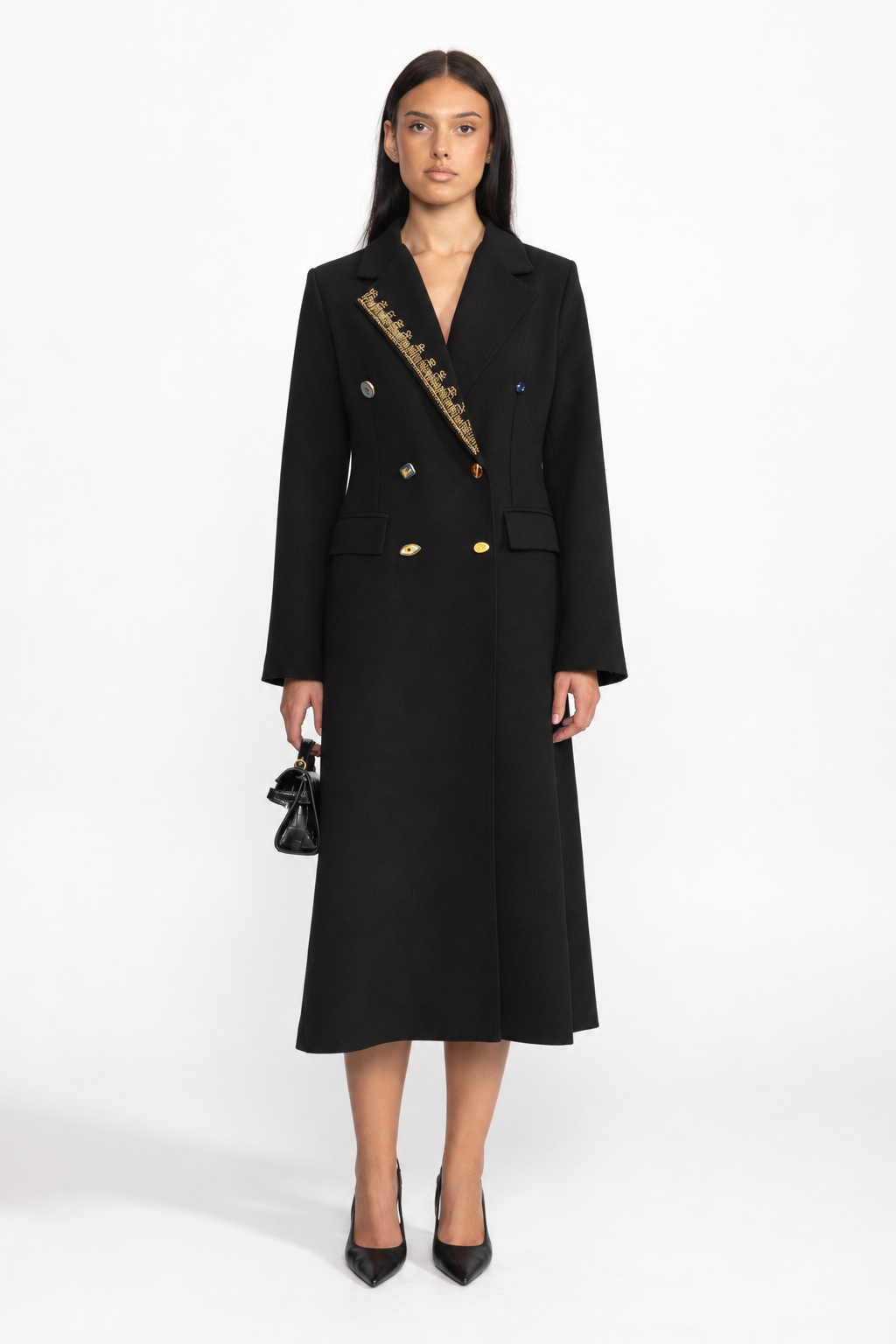 Cappotto lungo doppiopetto con rever decorato - Nero