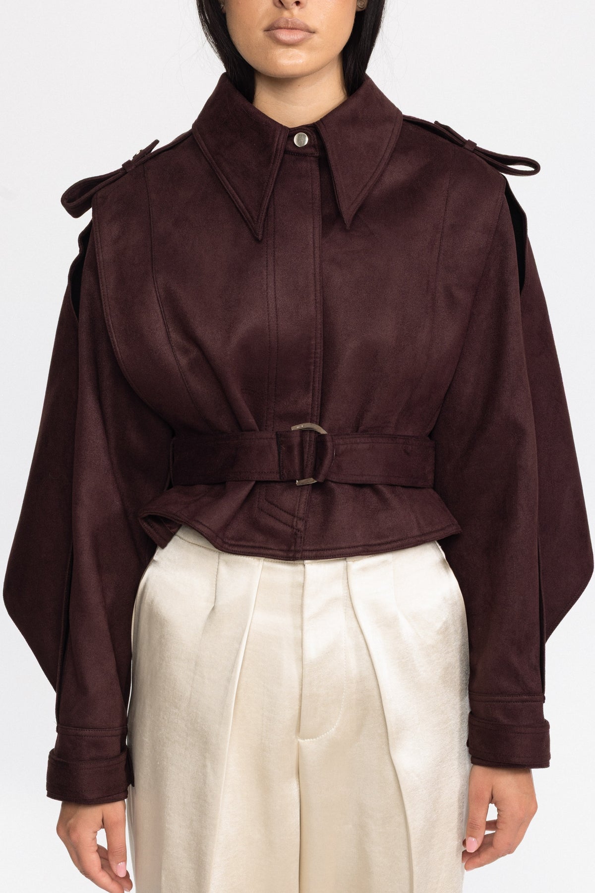 Giacca mantella in suede con cintura - Burgundy