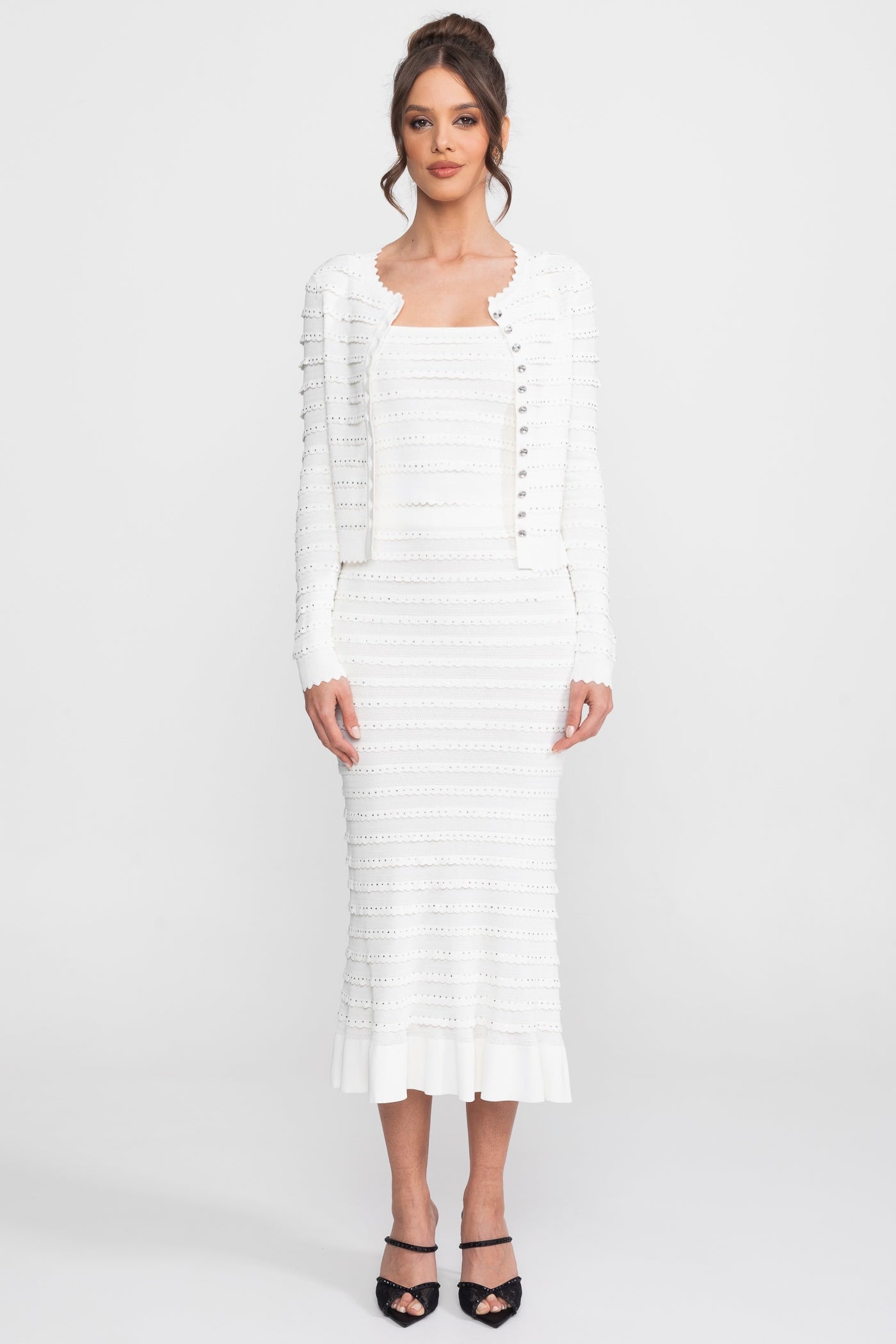 Set in maglia testurizzata 3 pezzi con blazer, top e gonna midi - Bianco