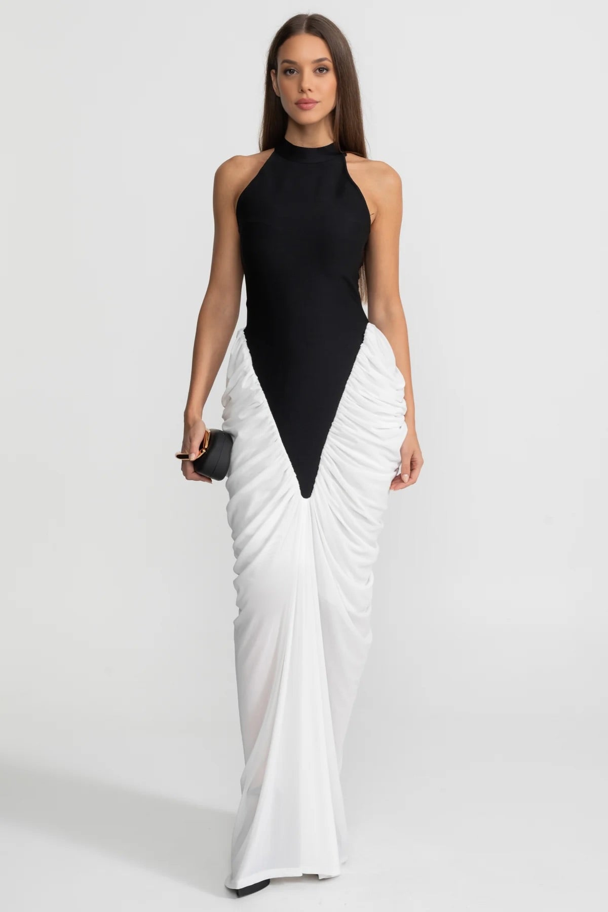 Halter Maxi Dress with Contrasting Ruched Paneling - Black/White