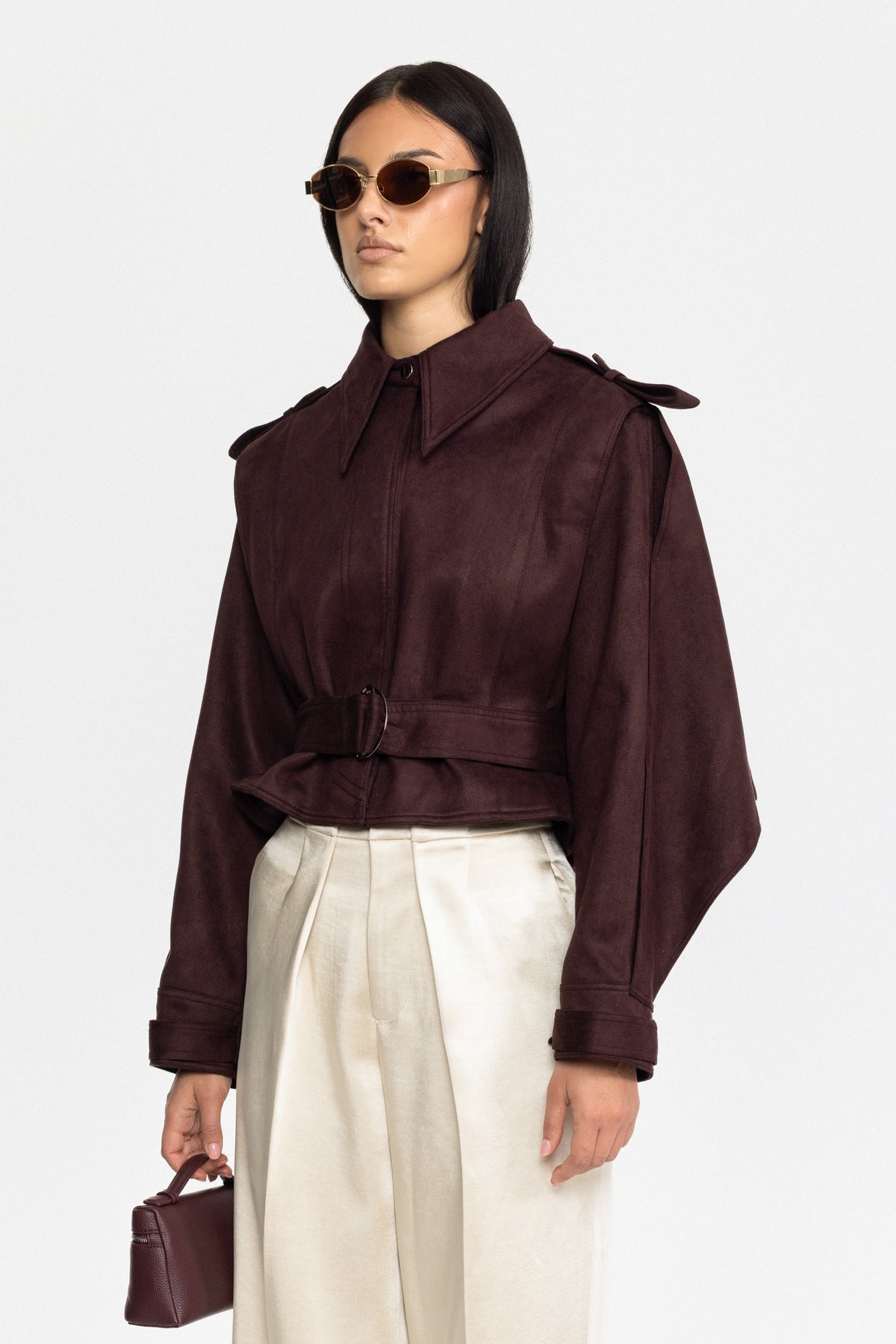 Giacca mantella in suede con cintura - Burgundy