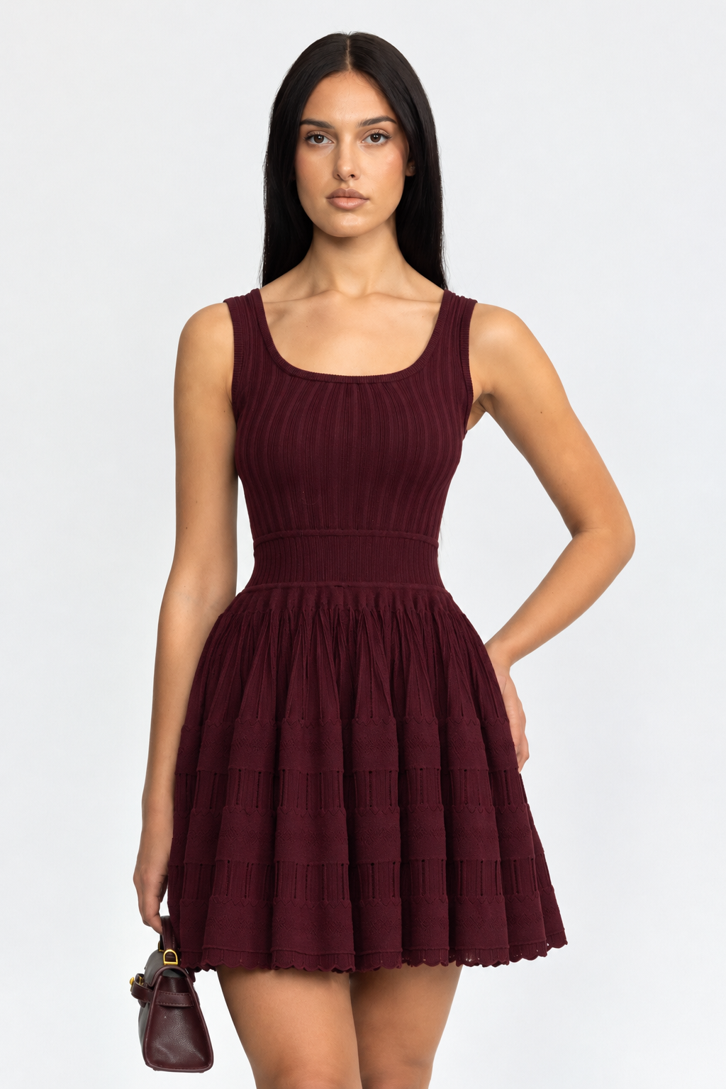 Mini abito skater in maglia pointelle - Wine