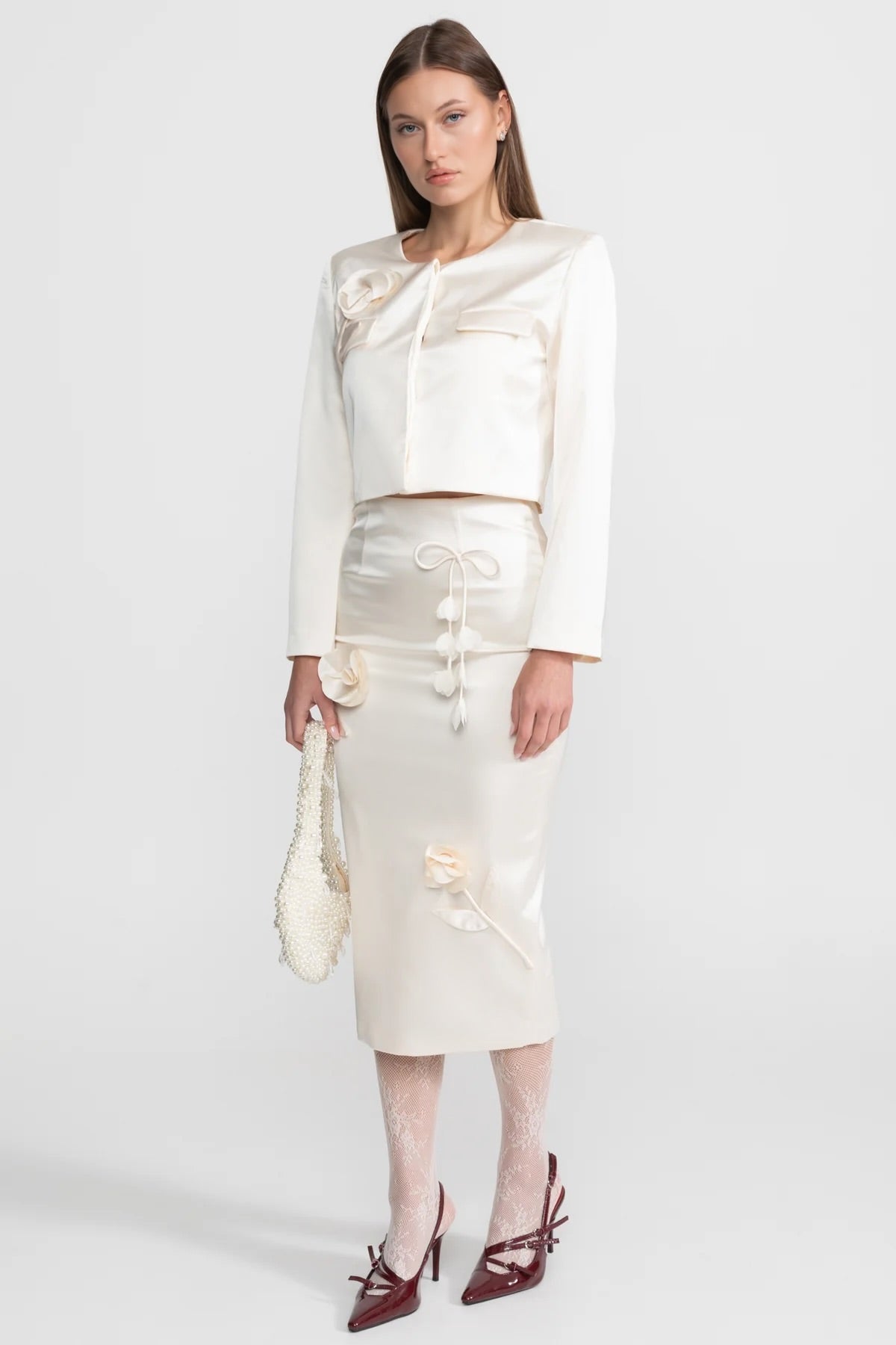 Taffeta Top with 3D Floral Appliqué - Ivoire