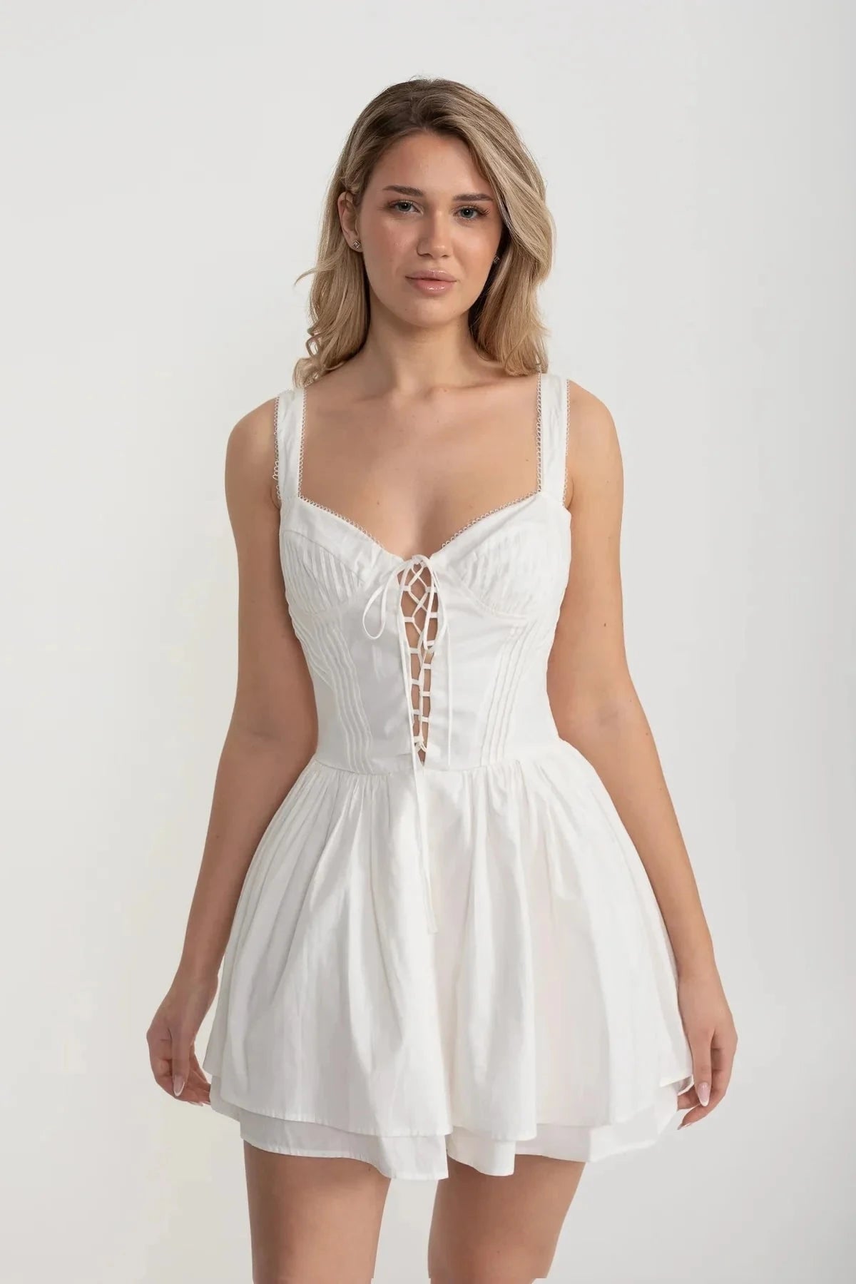 Corset Style Sleeveless Dress With Lace-Up Front Detailing - White
