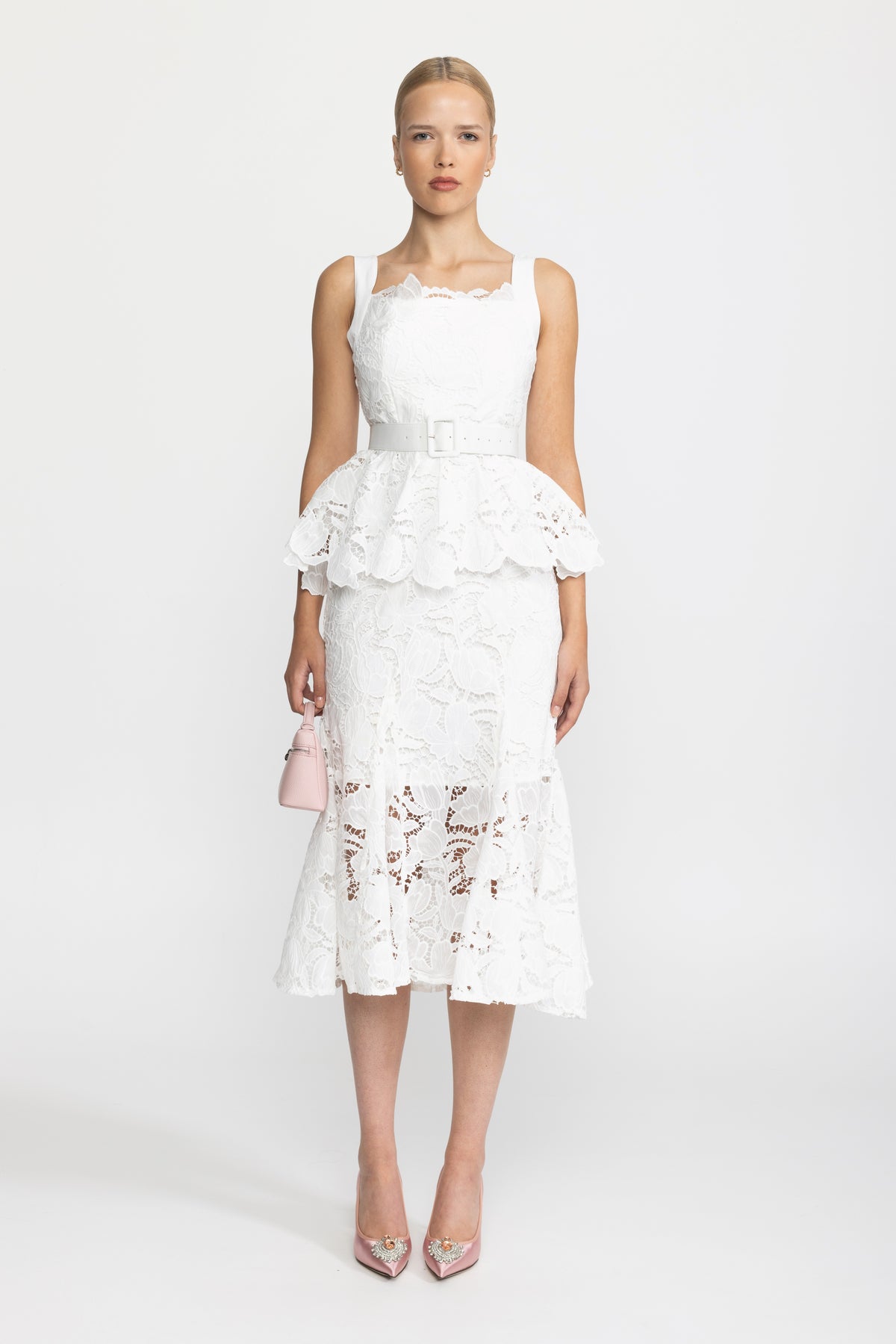 Abito midi peplum in pizzo guipure - Bianco