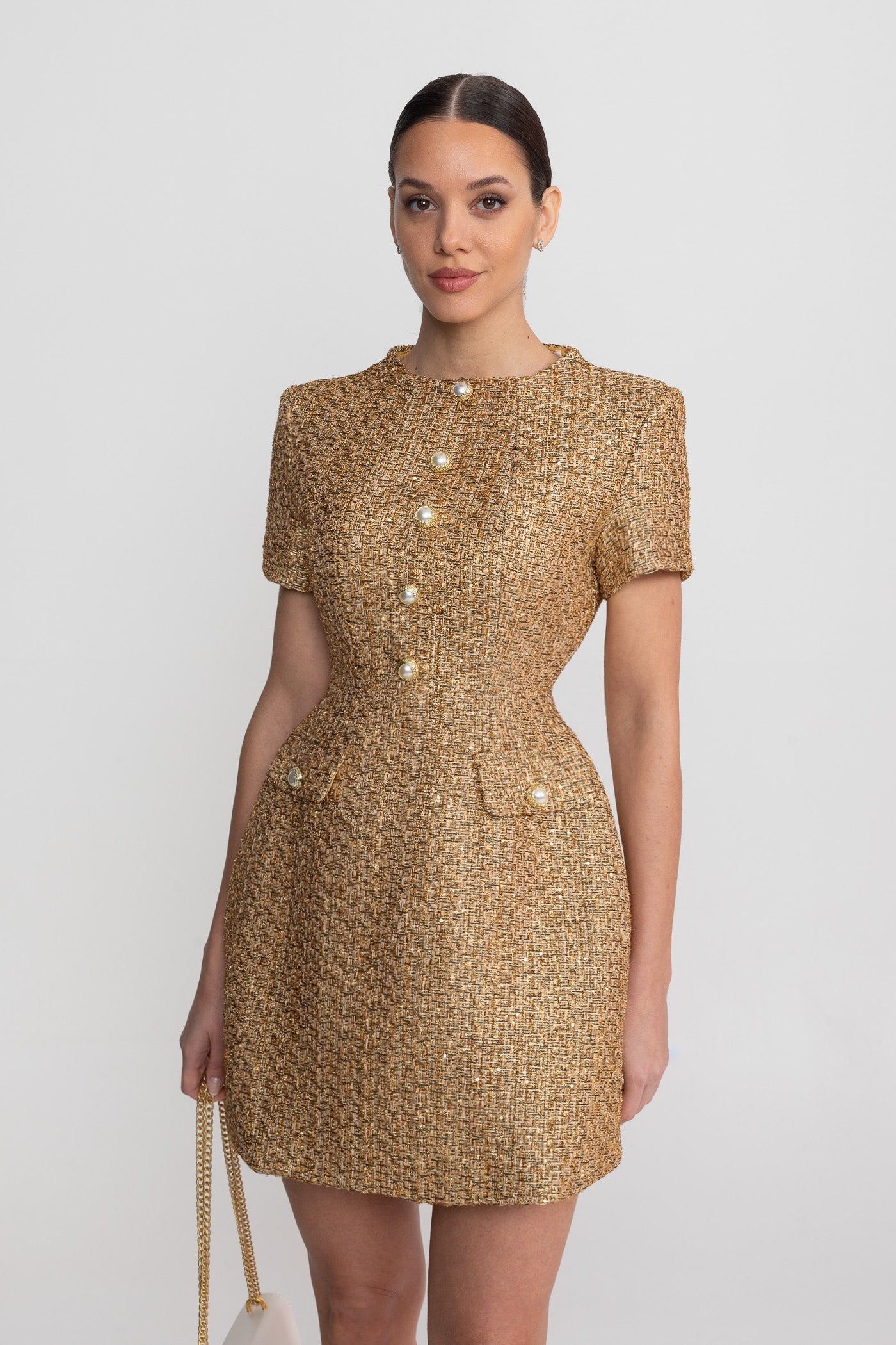 Tweed Mini Dress With Round Neckline And Pearl Button Detail - Gold