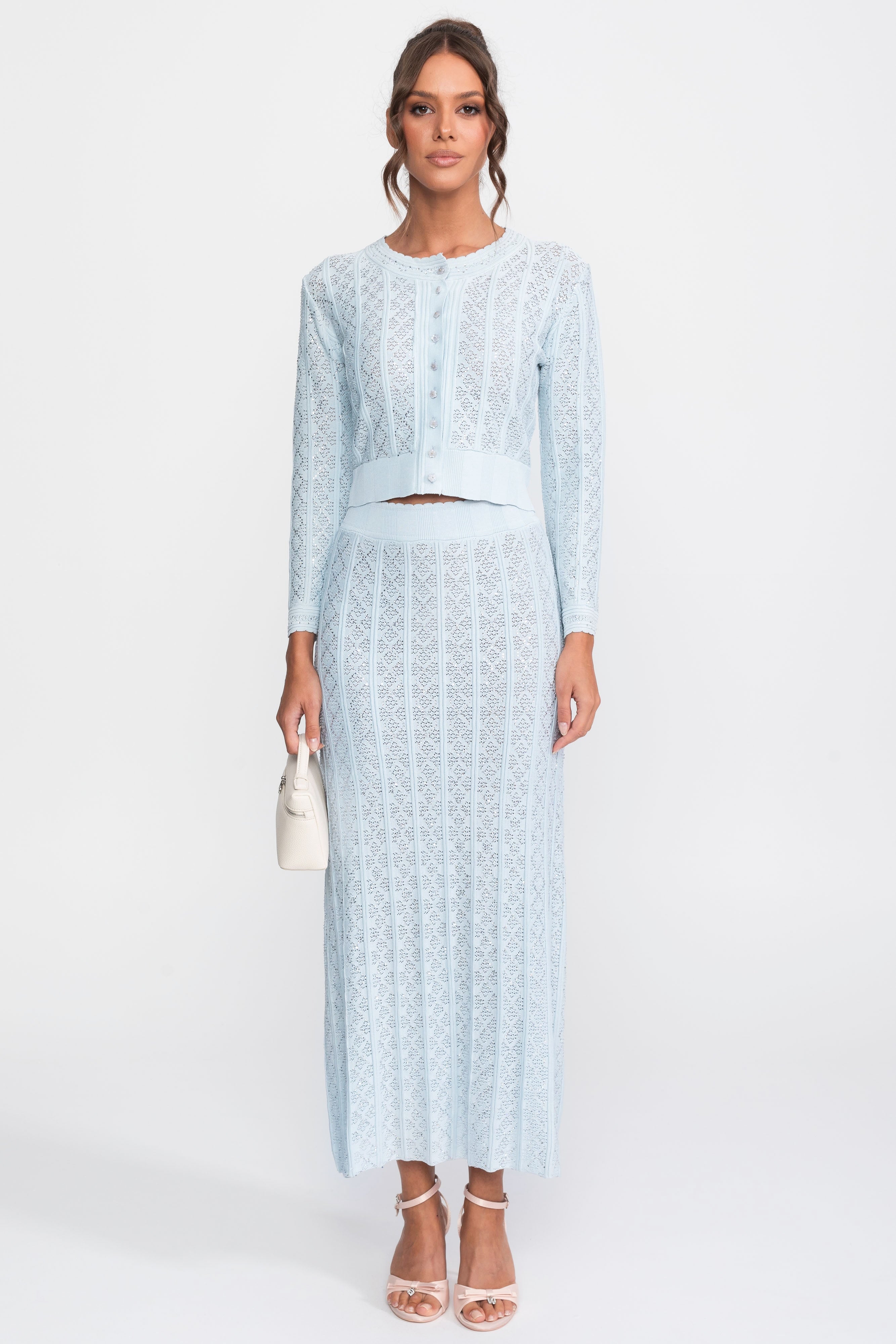 Completo coordinato in maglia con ricami eyelet, cardigan e gonna maxi - Light Blue