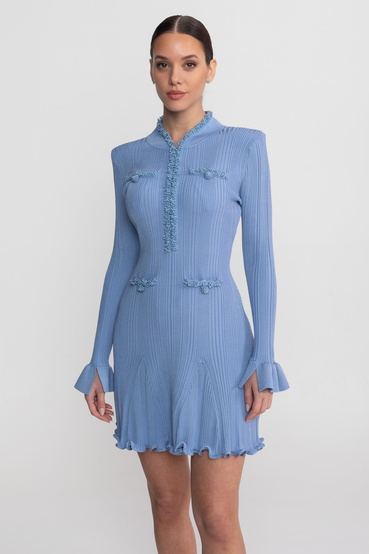 Abito Mini in Maglia Costina con Dettagli di Bordatura con Perline - Blue