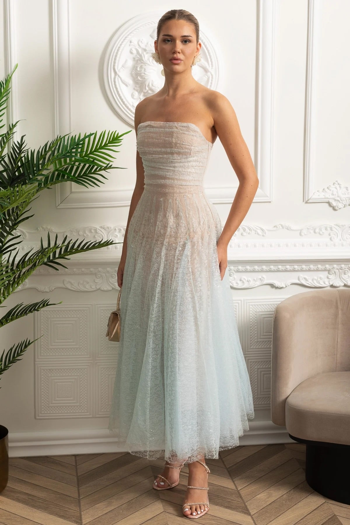 Strapless A-Line Midi Dress With Shimmery Textured Overlay - Turquoise Gradient