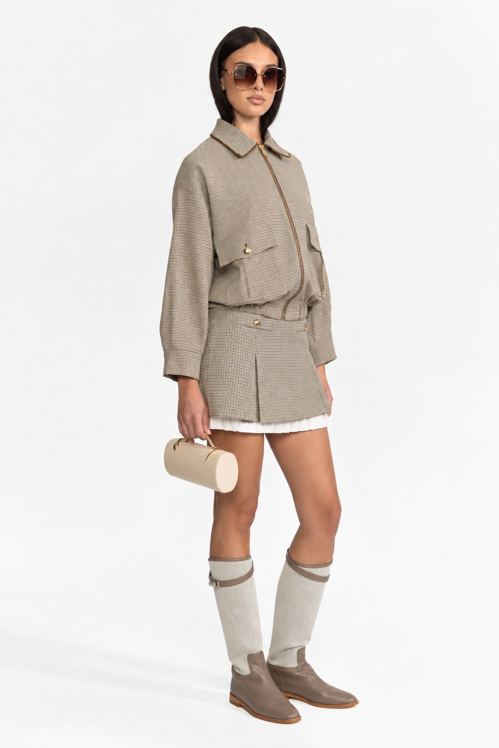 Completo con bomber pied-de-poule e minigonna plissé - Beige