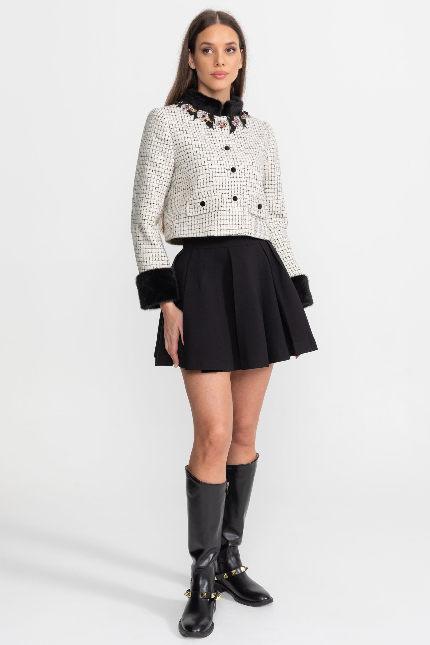 Giacca in Tweed Testurizzato con Colletto in Volpe Decorato – Ivoire & Nero