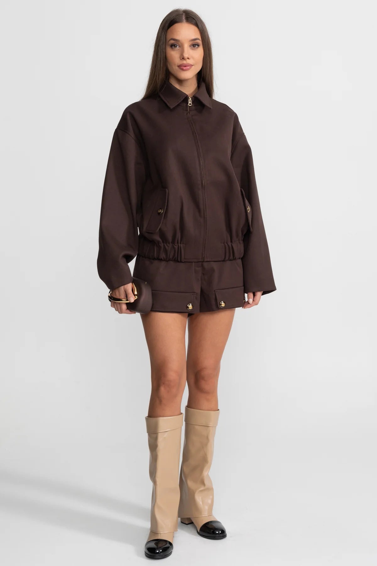 Co-Ord Set With Zip-Up Utility Jacket And Matching Shorts - Brown