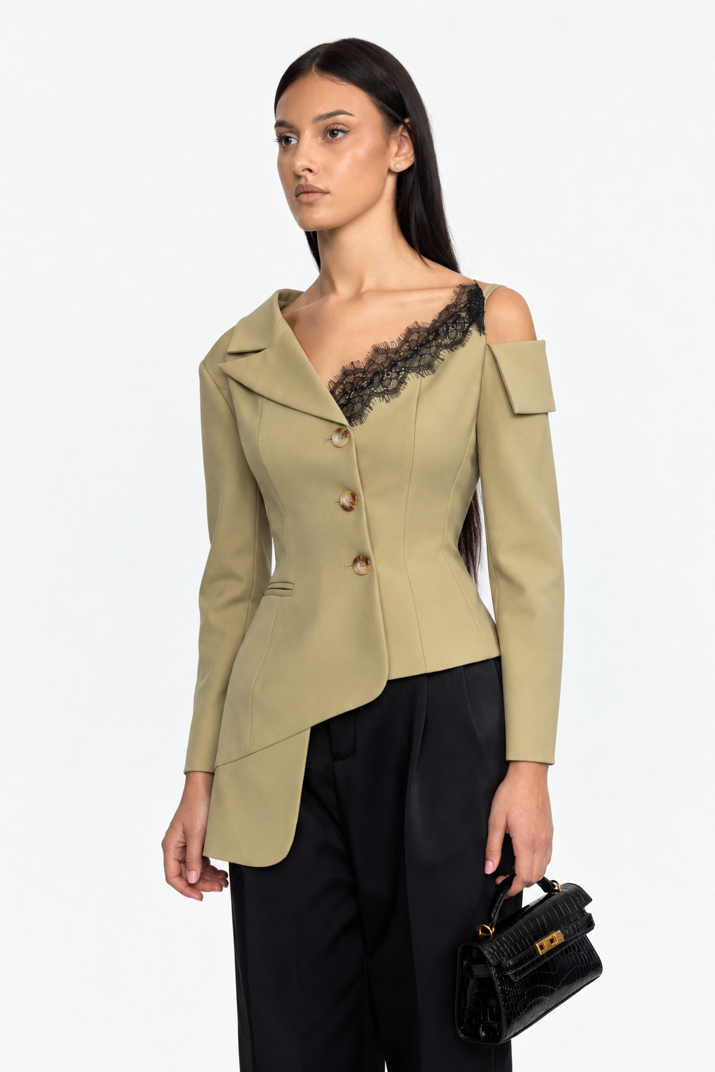 Blazer asimmetrico con spalle scoperte e profili in pizzo - Khaki