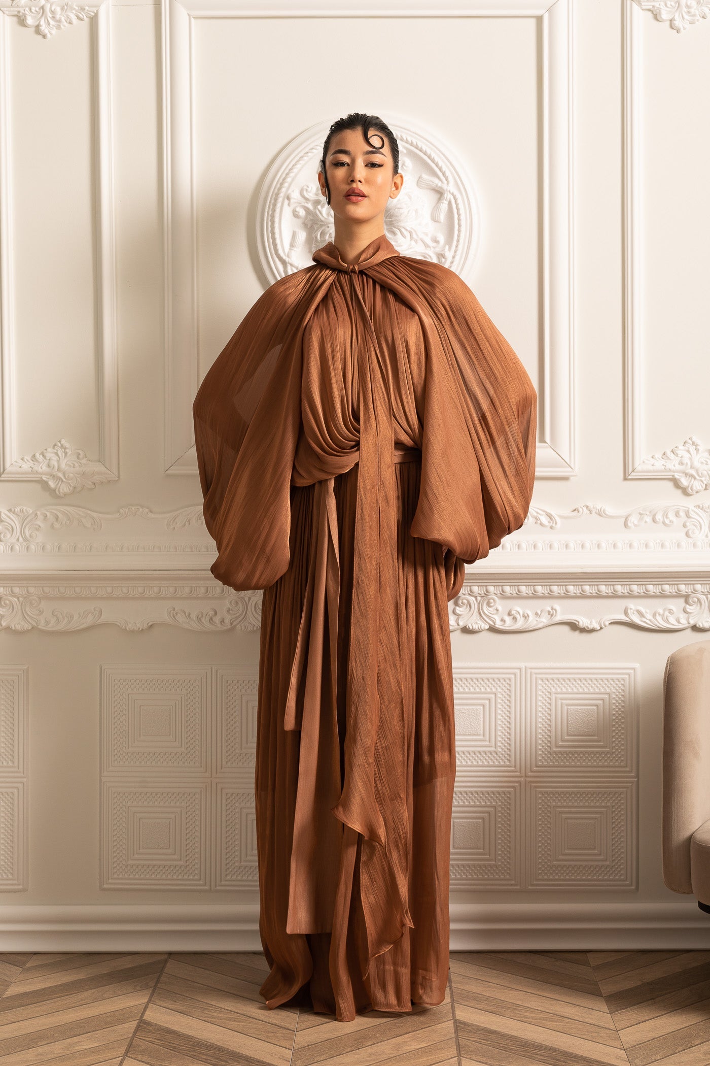 Elegant Gown With Voluminous Sleeves And Flowing Silhouette - Brown