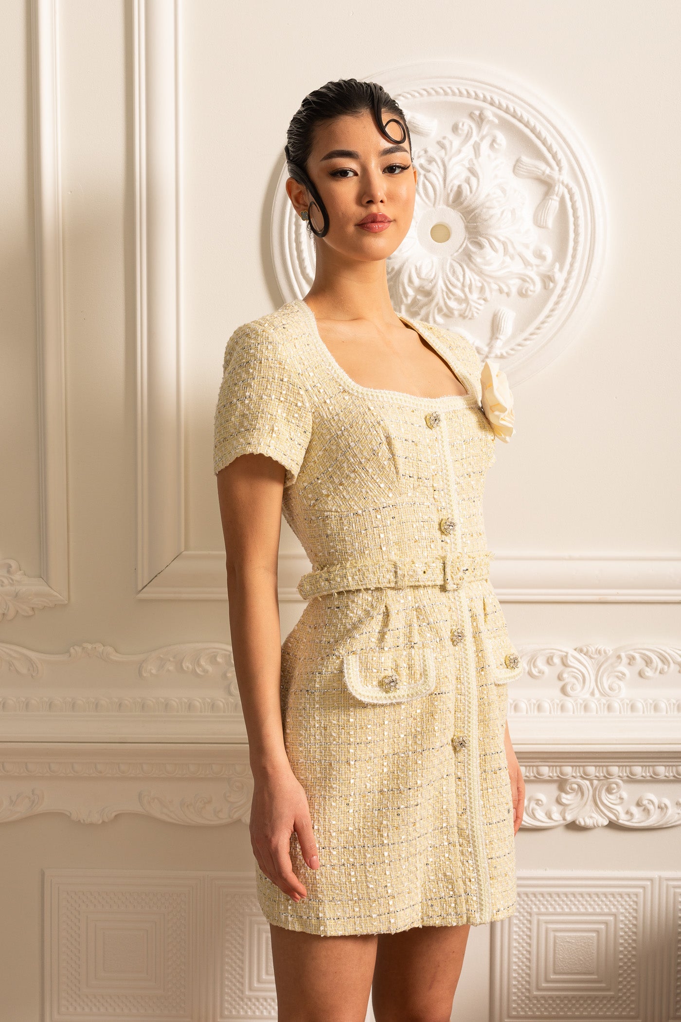 Textured Mini Dress With Matching Waistbelt And Floral Brooch - Beige